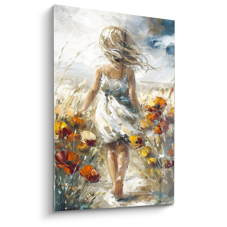 Tableau Femme en Robe Blanche dans un Champ de Fleurs Orangées - Danse Florale - Edition Coquelicot