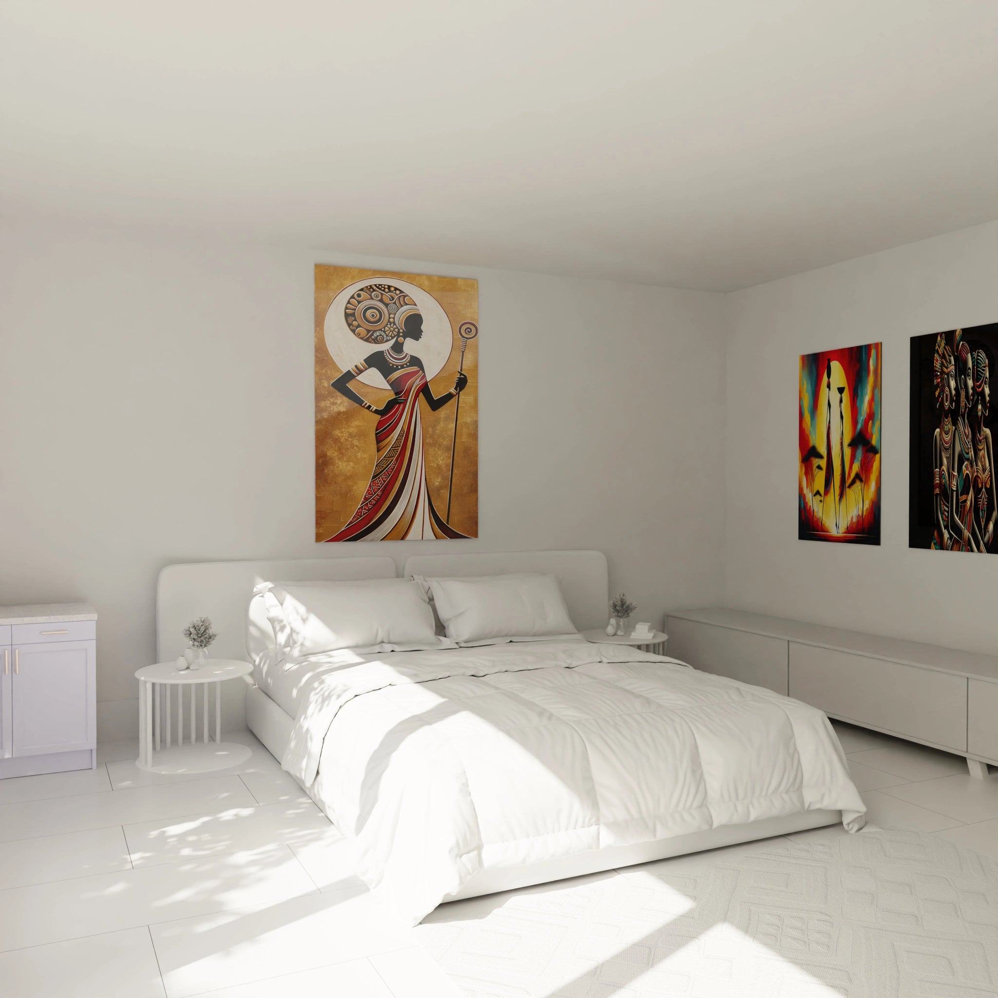 tableau africain au-dessus du lit ambiance chaleureuse avec figure africaine royale coiffe complexe et robe or et noir ornee de motifs fond avec halo lumineux texture doree elegance et puissance


