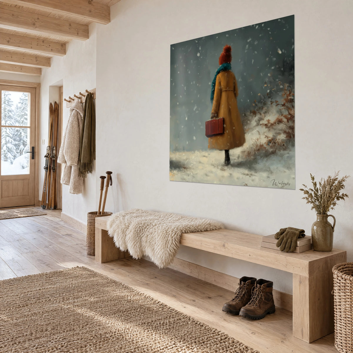 Gemälde weibliche Silhouette mit entenblauem Schal, ockerfarbenem Mantel und rotem Koffer im Schneegestöber, in einem Chalet-Eingang