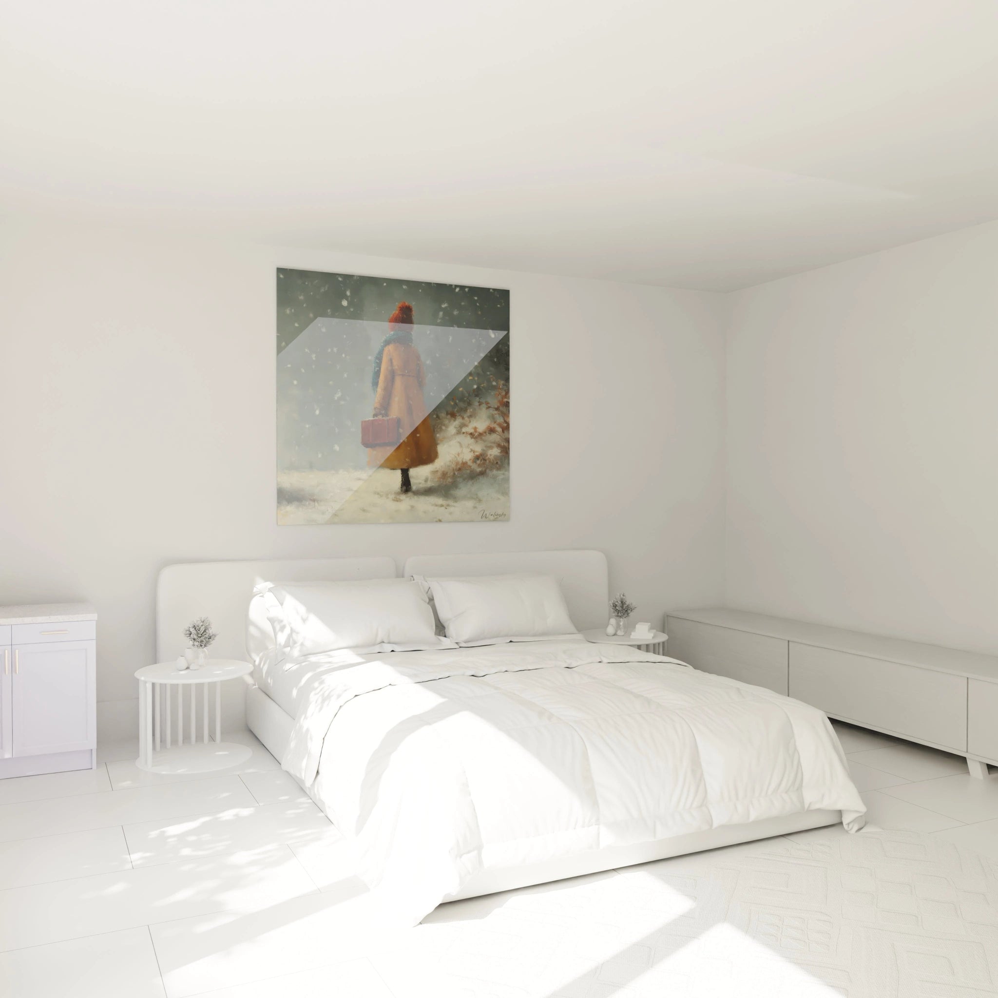 Tableau mural Walensky montrant une femme en manteau rouge dans la neige tableau femme hiver au dessus d un lit blanc minimaliste
