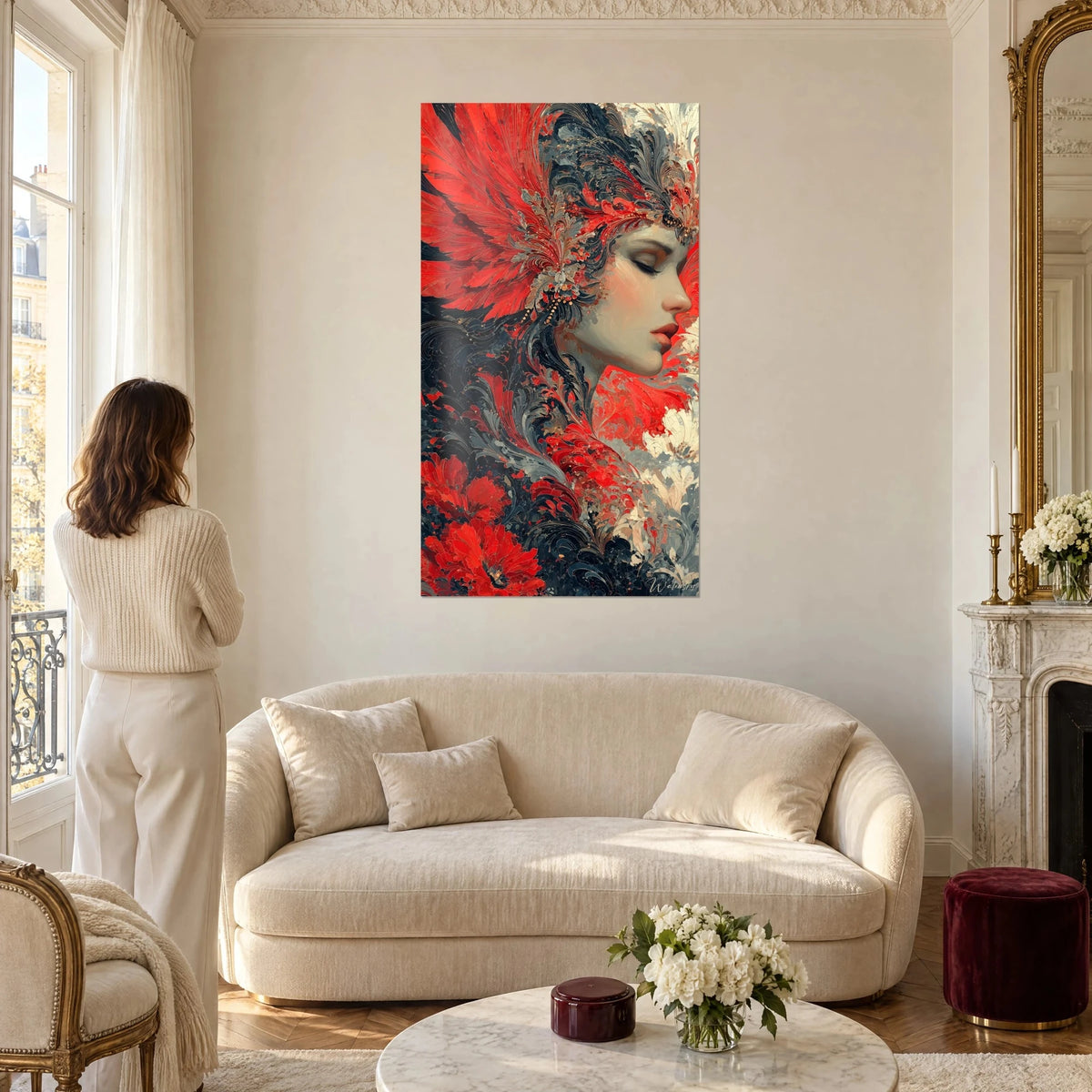Tableau profil de femme aux paupières closes, coiffe de plumes rouge vif et noir, au-dessus d'un canapé dans un salon lumineux