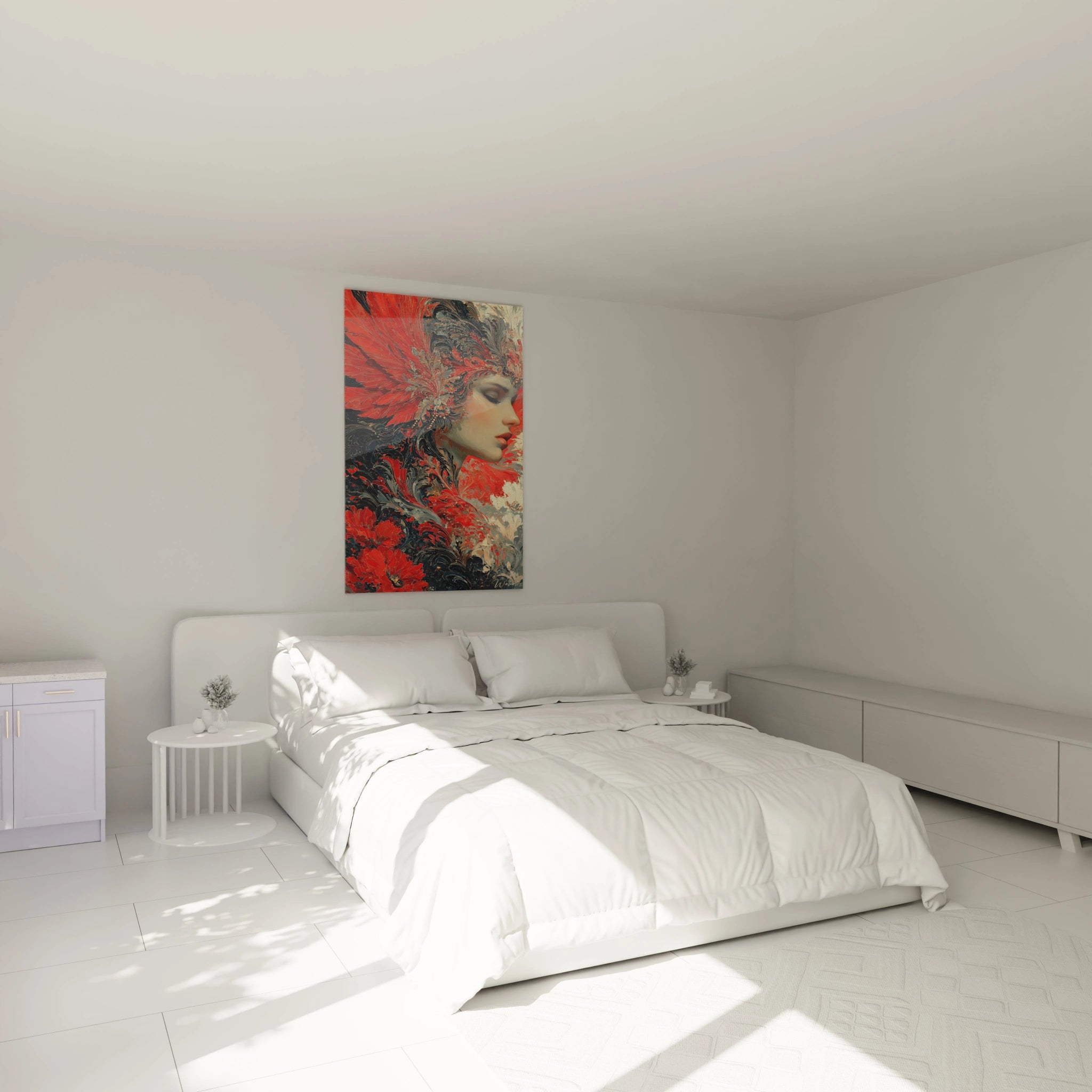 tableau gothique femme Walensky au dessus du lit blanc dans une chambre minimaliste lumineuse