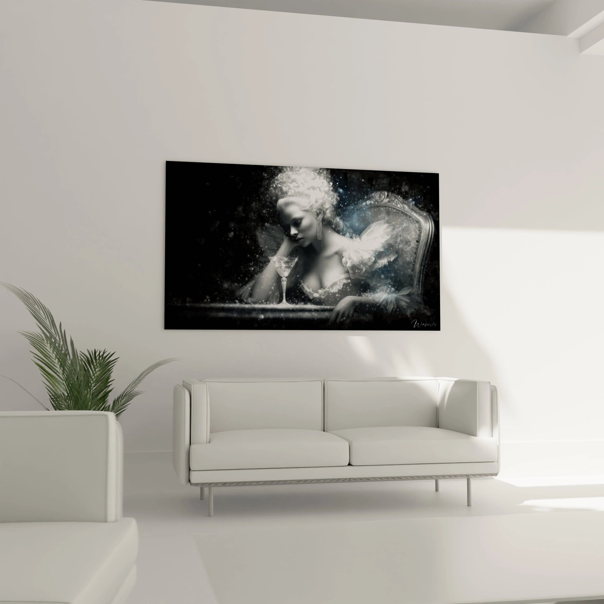 tableau femme Marie-Antoinette moderne Walensky tableau mural noir et blanc portrait baroque au dessus du canapé