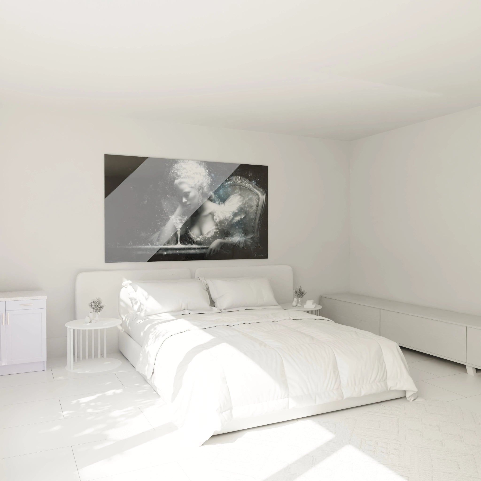 Tableau mural Walensky tableau femme Marie-Antoinette moderne portrait noir et blanc au dessus d un lit minimaliste