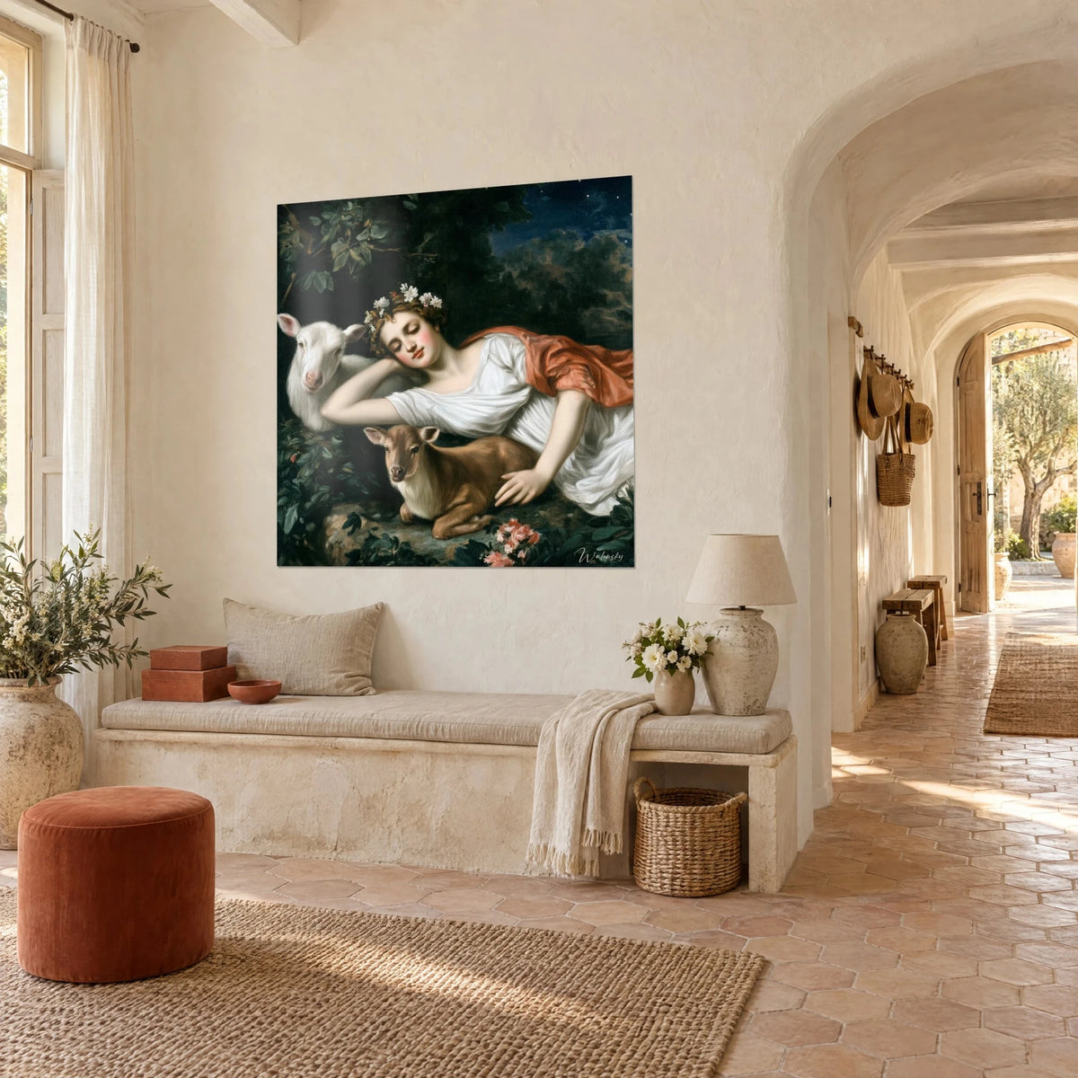 Quadro ninfa addormentata tra un agnello bianco e un cerbiatto bruno, sfondo verde scuro, masseria provenzale in vista di tre quarti