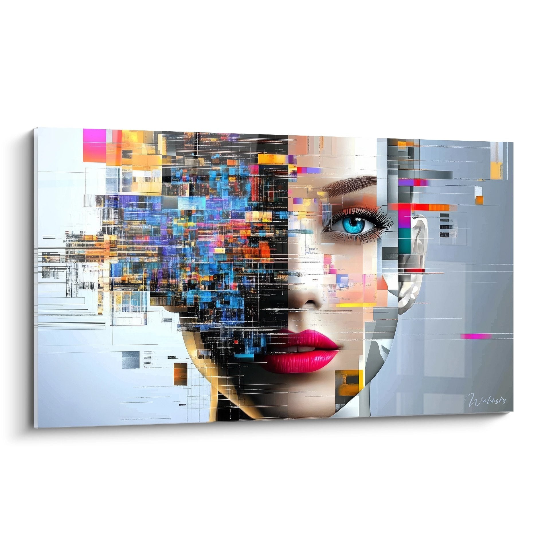 Tableau mural femme digitale fragmentée pixels colorés art moderne abstrait yeux bleus
