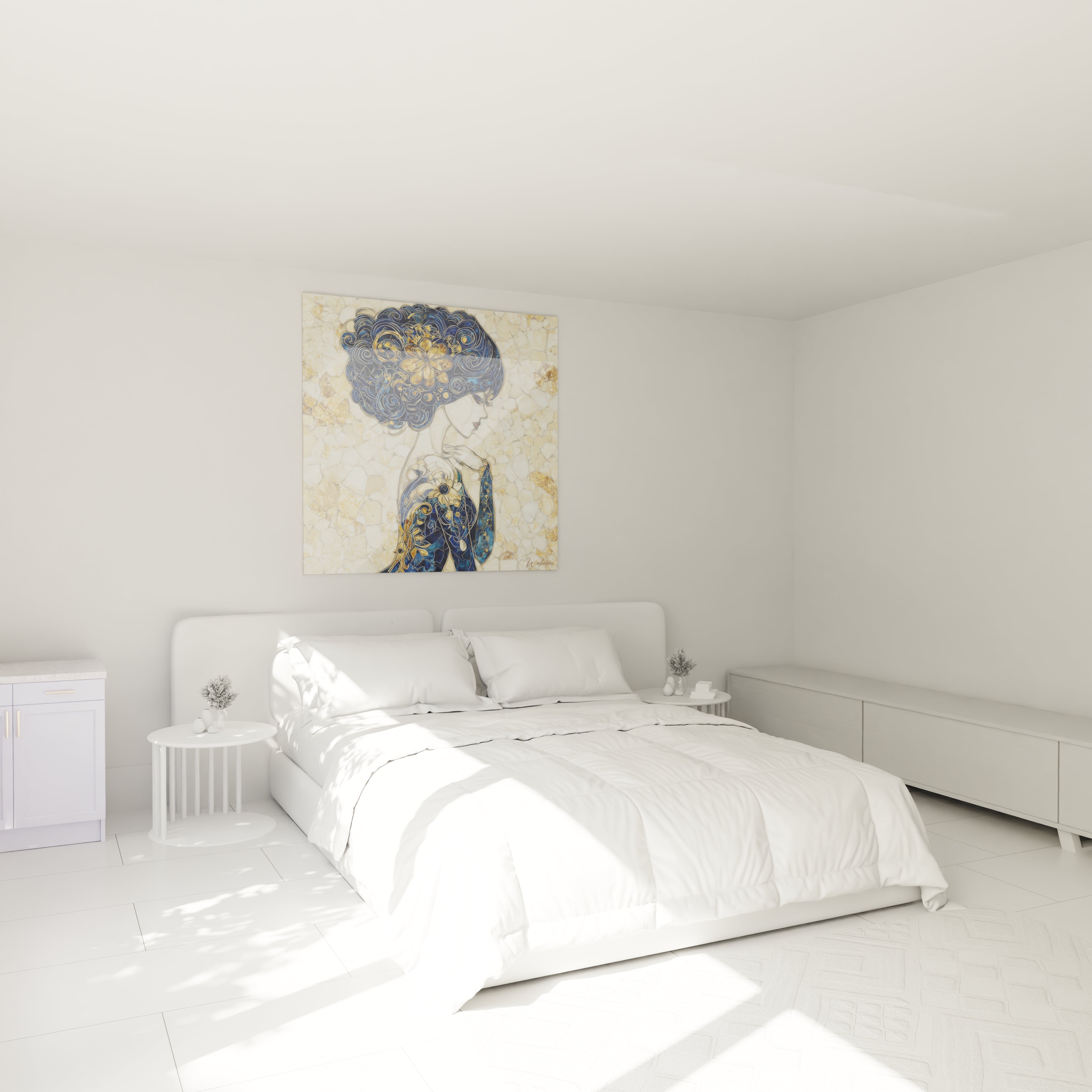 Tableau femme doré de Walensky illustrant une femme élégante dans une chambre moderne