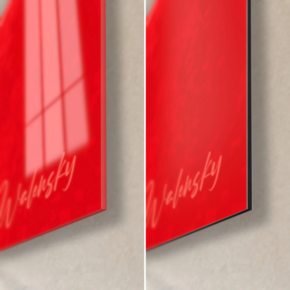 Tableau visage illustré rouge vif, coin bas droit : verre acrylique brillant à gauche, Dibond noir mat à droite, signature Walensky