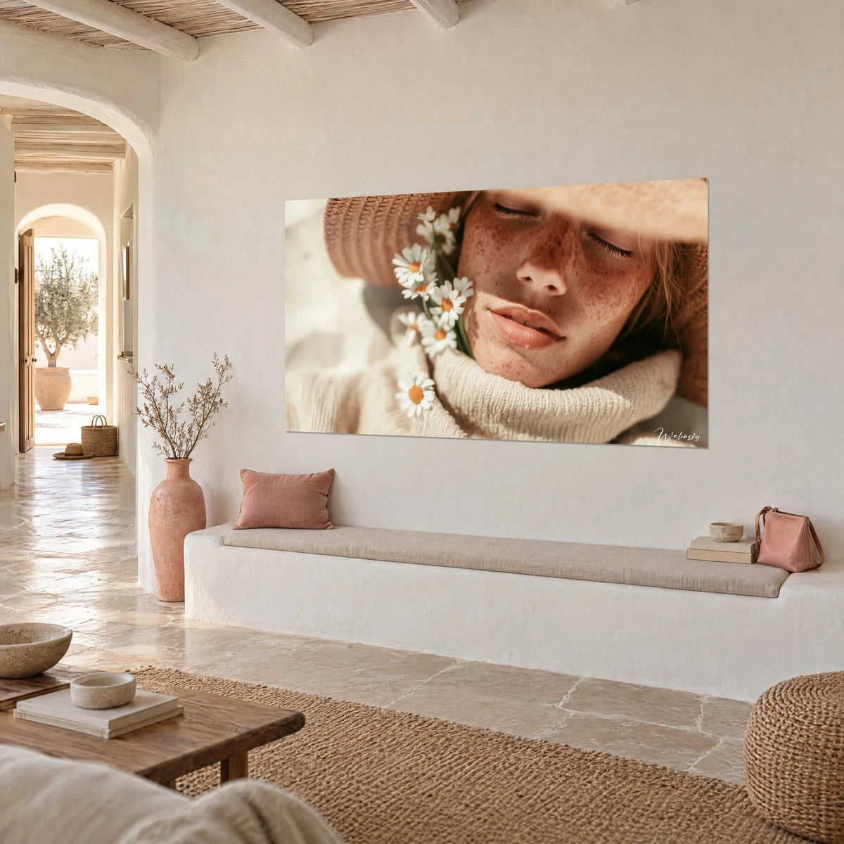 Gemälde schlafendes Gesicht mit Sommersprossen, cremefarbener Pullover und Gänseblümchen mit orangefarbenem Herz, weiße Kalkwand eines mediterranen Hauses