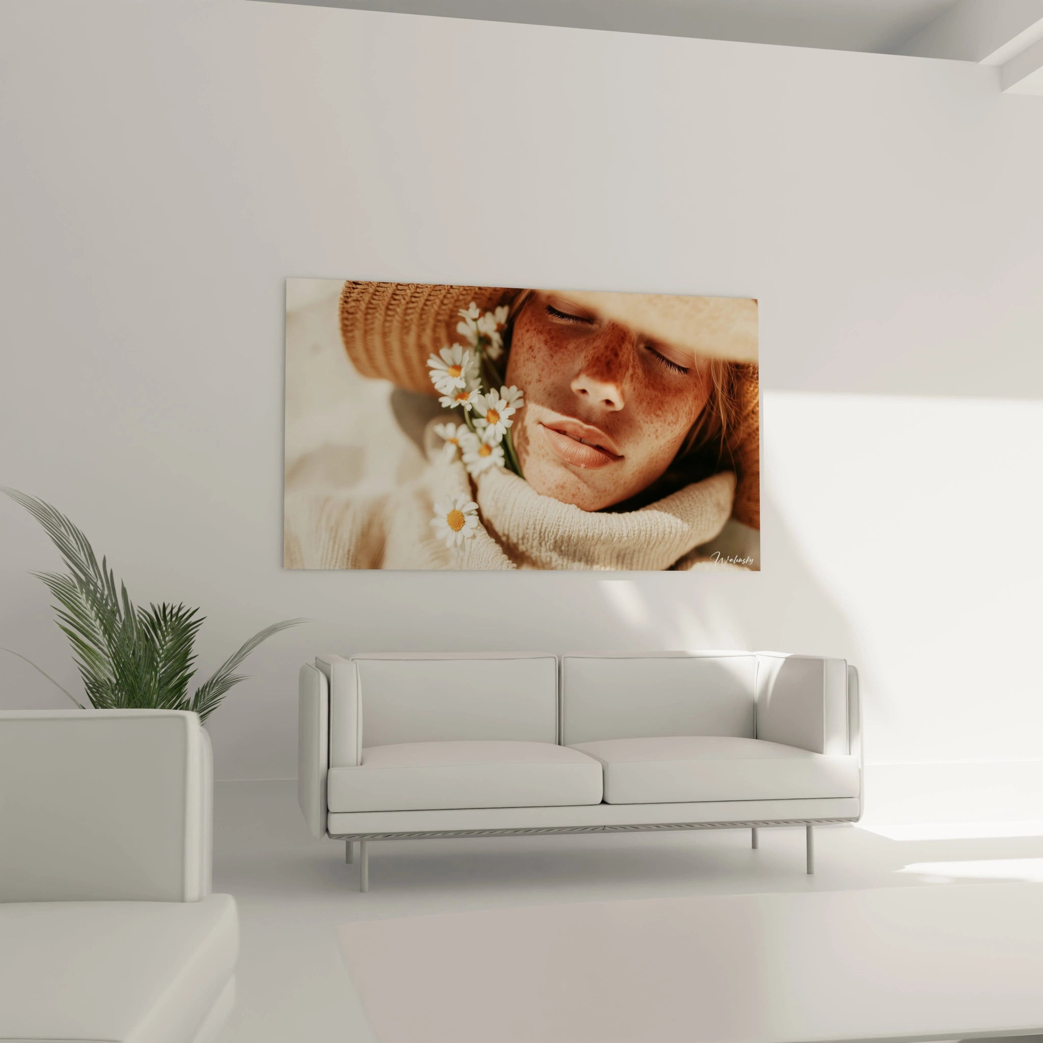 Walensky tableau déco femme portrait d'une femme au chapeau et marguerites yeux fermés tons chauds