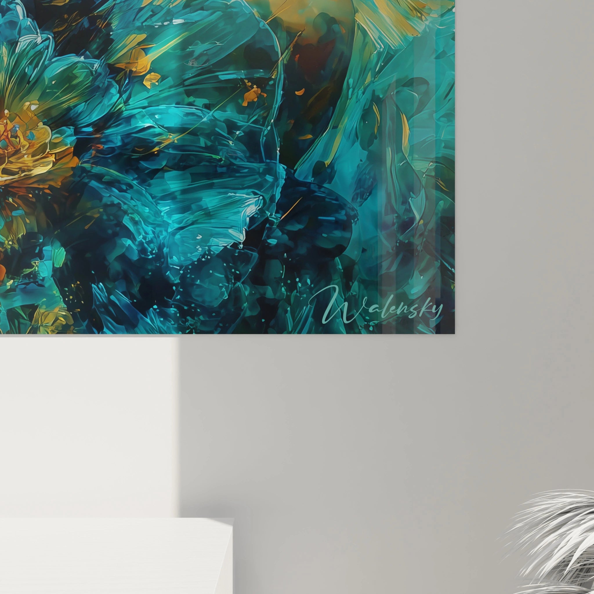 tableau gothique femme Walensky tableau mural abstrait bleu vert floral signe accroche au mur