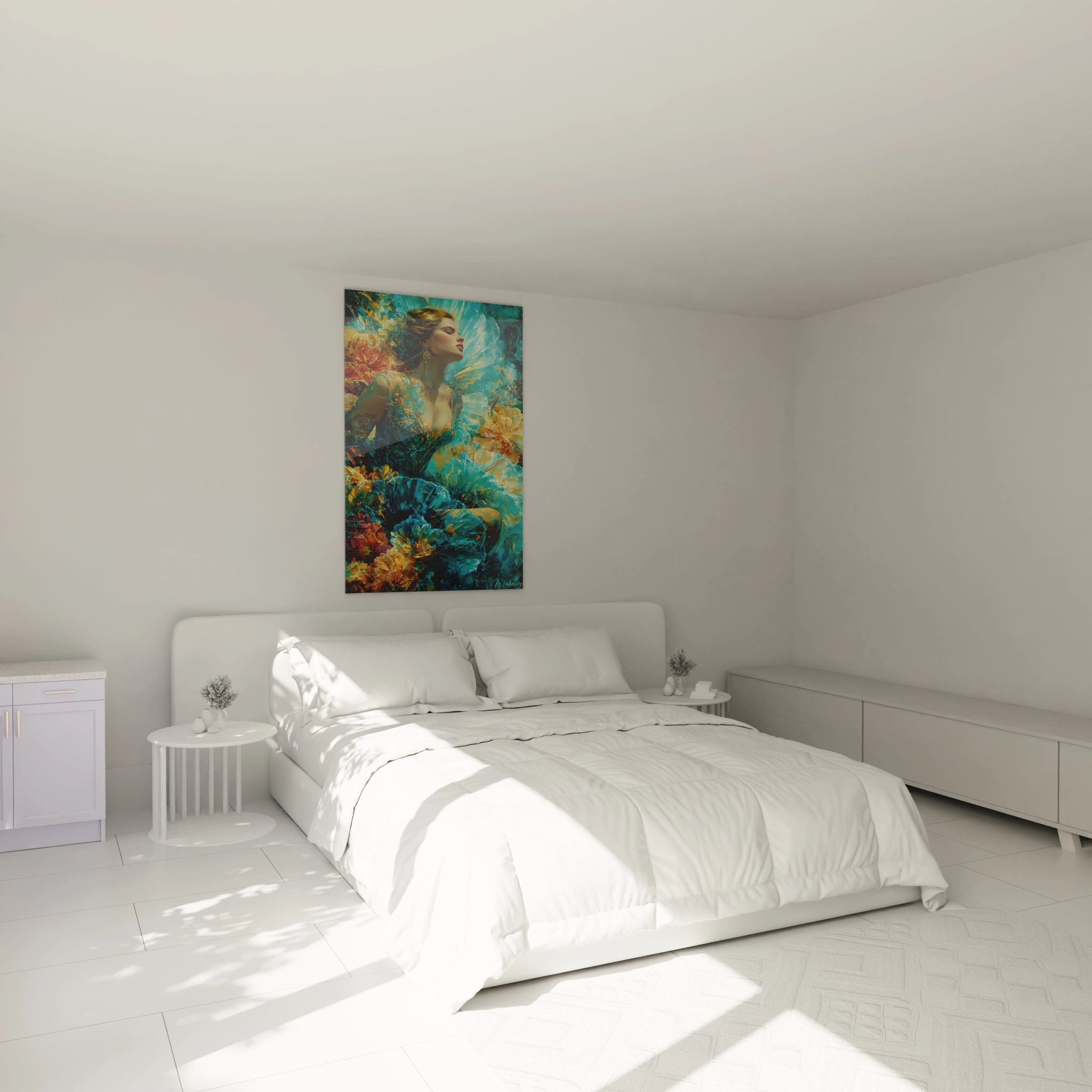tableau gothique femme Walensky accroche au mur d une chambre blanche minimaliste au dessus d un lit double