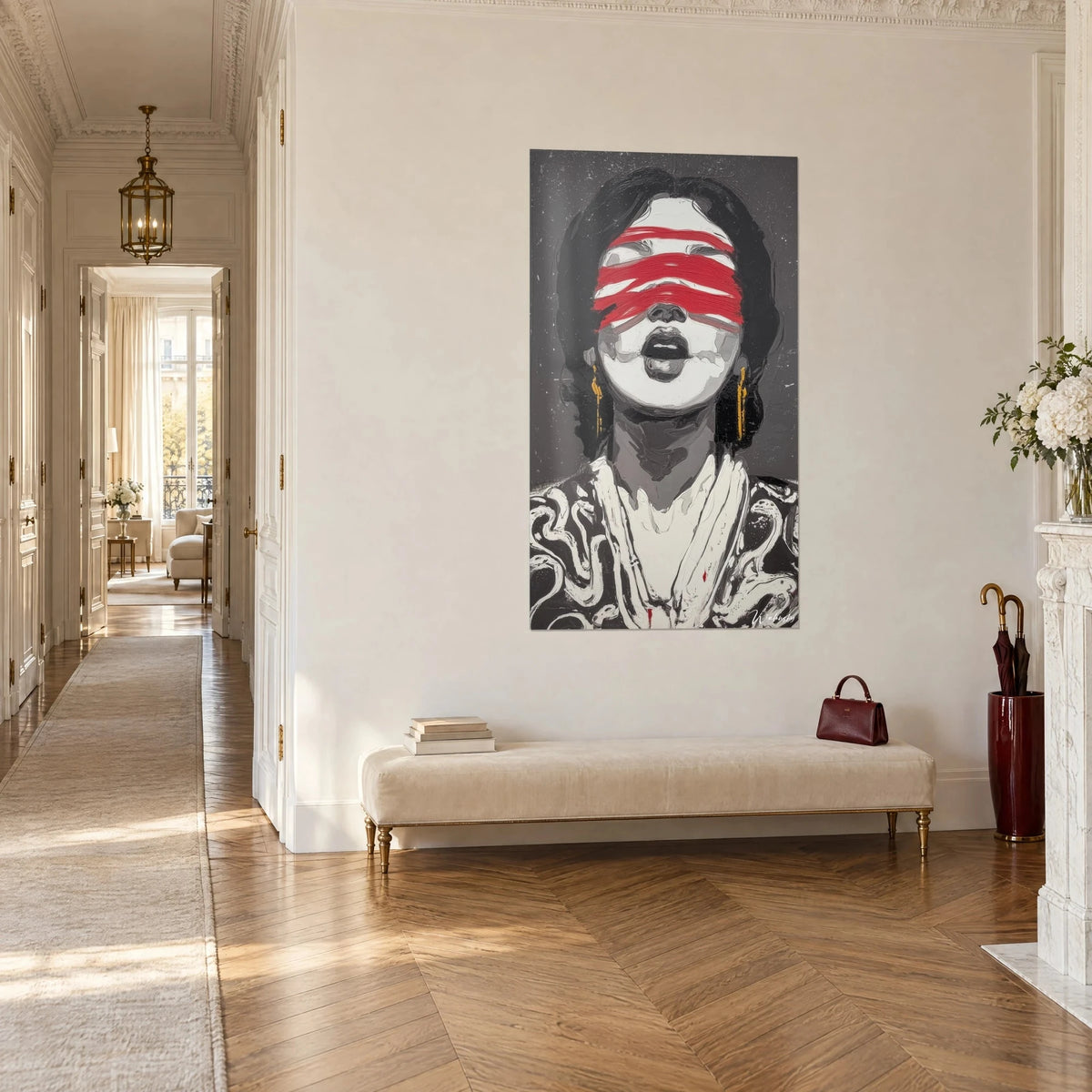 Wall art thick white face crossed by carmine red, gold earrings, three-quarter view in a Haussmann hallway