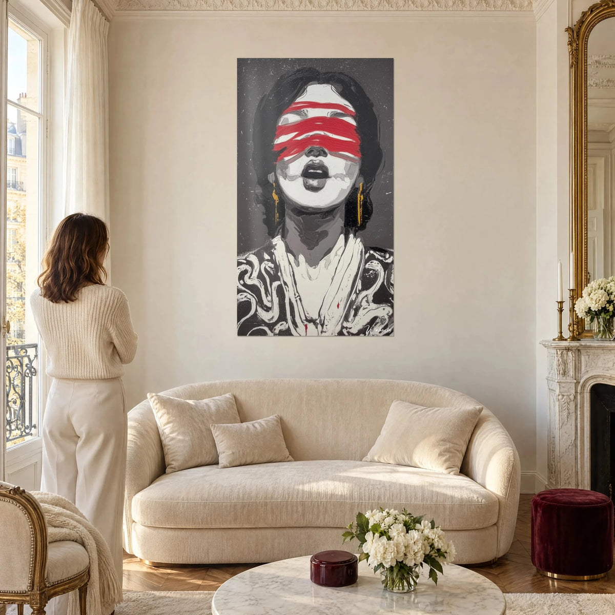 Wall art portrait of a woman with a red headband over her eyes, open black mouth, grey background, above a sofa in a bright living room