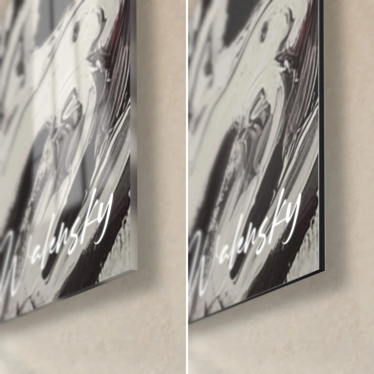 Wall art woman with red headband, bottom right corner: glossy acrylic glass on the left, matte black Dibond aluminium on the right, 3 mm edge