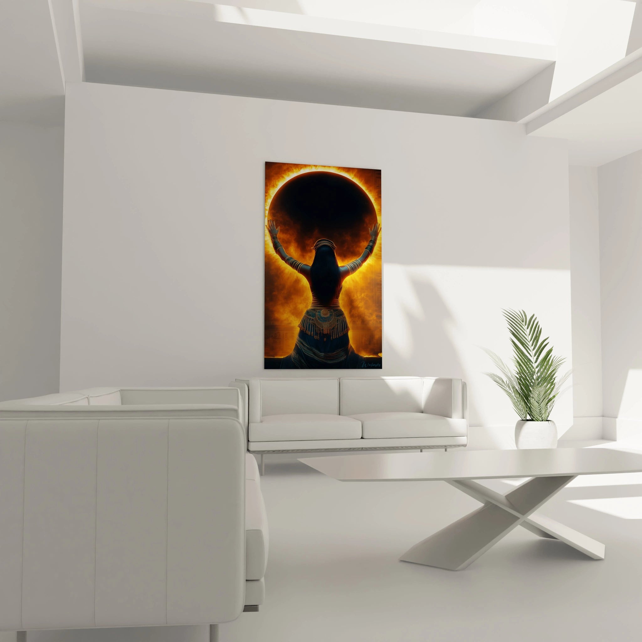 Tableau Egypte mural femme africaine avec turban rouge et boucle doreille jaune dans salon moderne