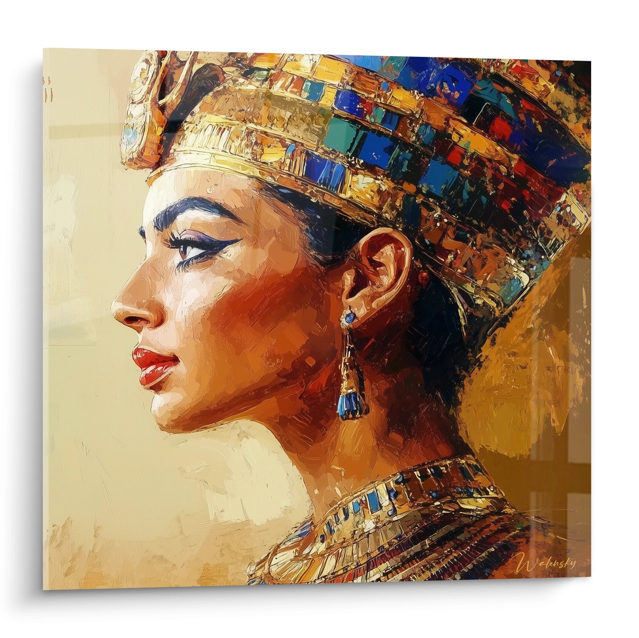Tableau Égypte mural représentant une reine égyptienne avec coiffure et bijoux colorés signé Walensky