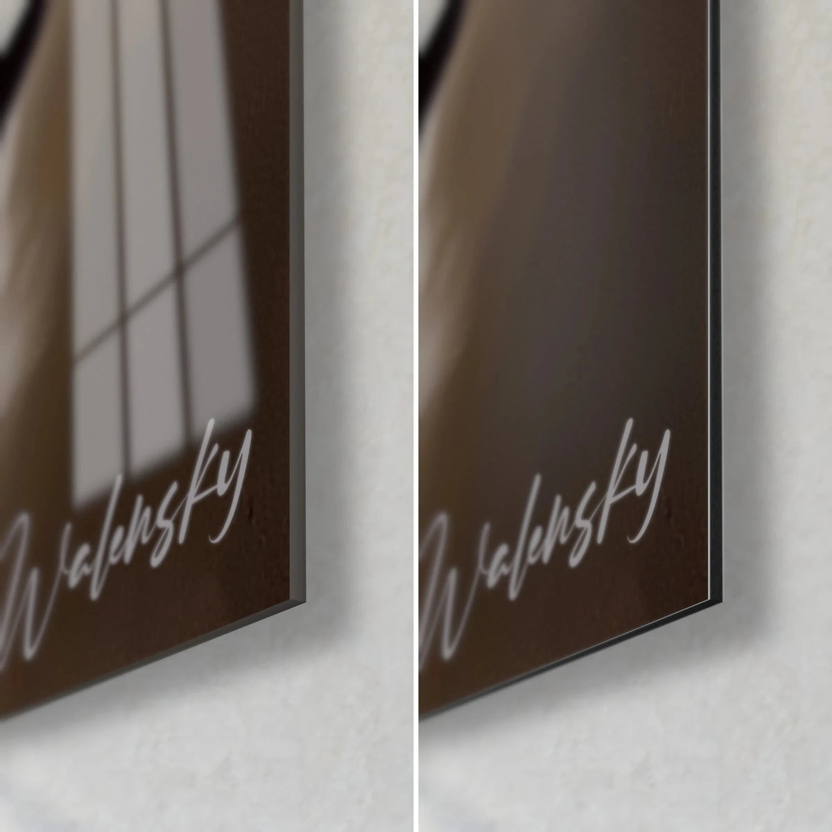 Schilderij silhouet in witte outfit, rechteronderhoek: glanzend acrylglas met reflecties links, mat bruin Dibond-aluminium rechts, 3 mm rand