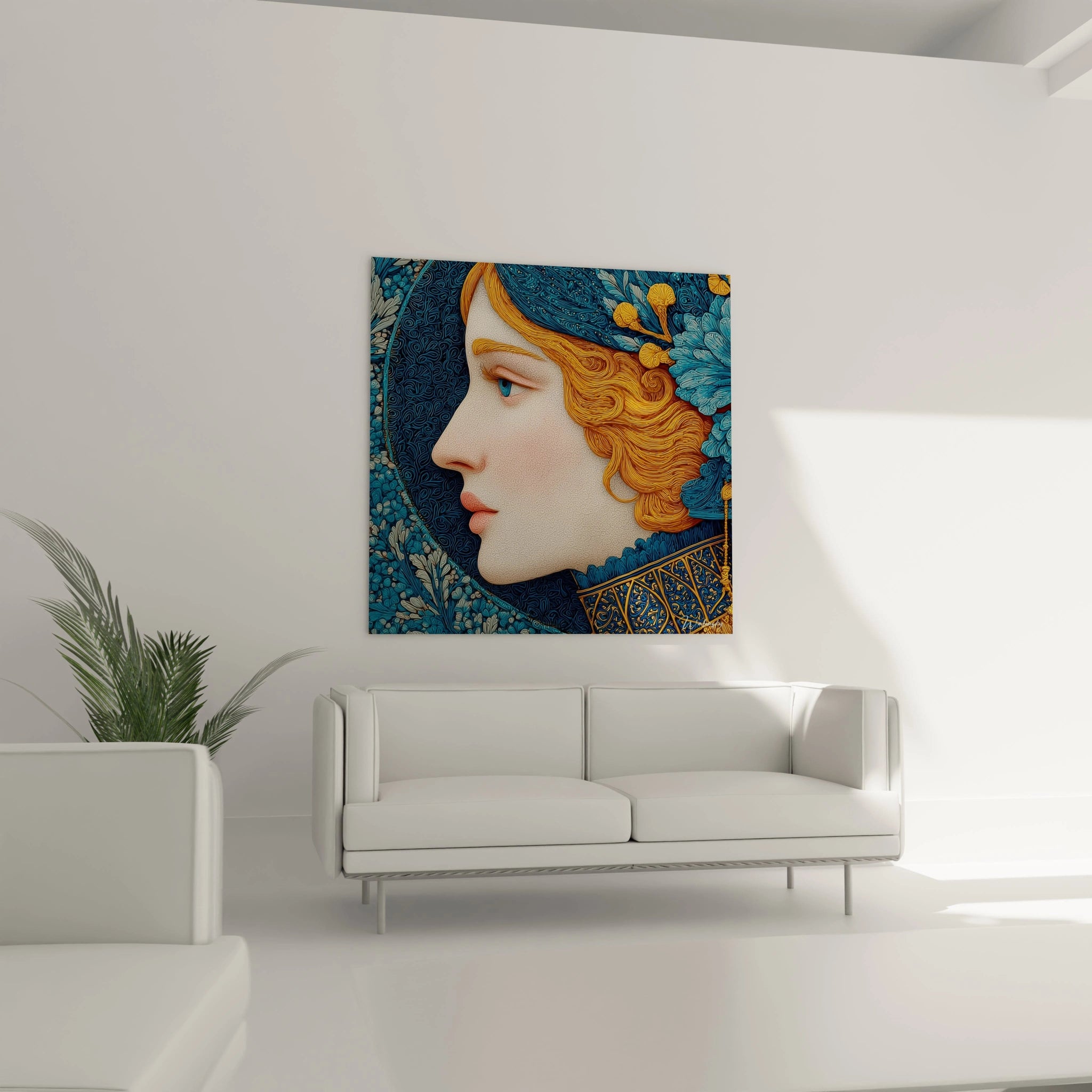 tableau femme art nouveau Walensky portrait en profil d une femme aux cheveux blonds et motifs floraux bleus