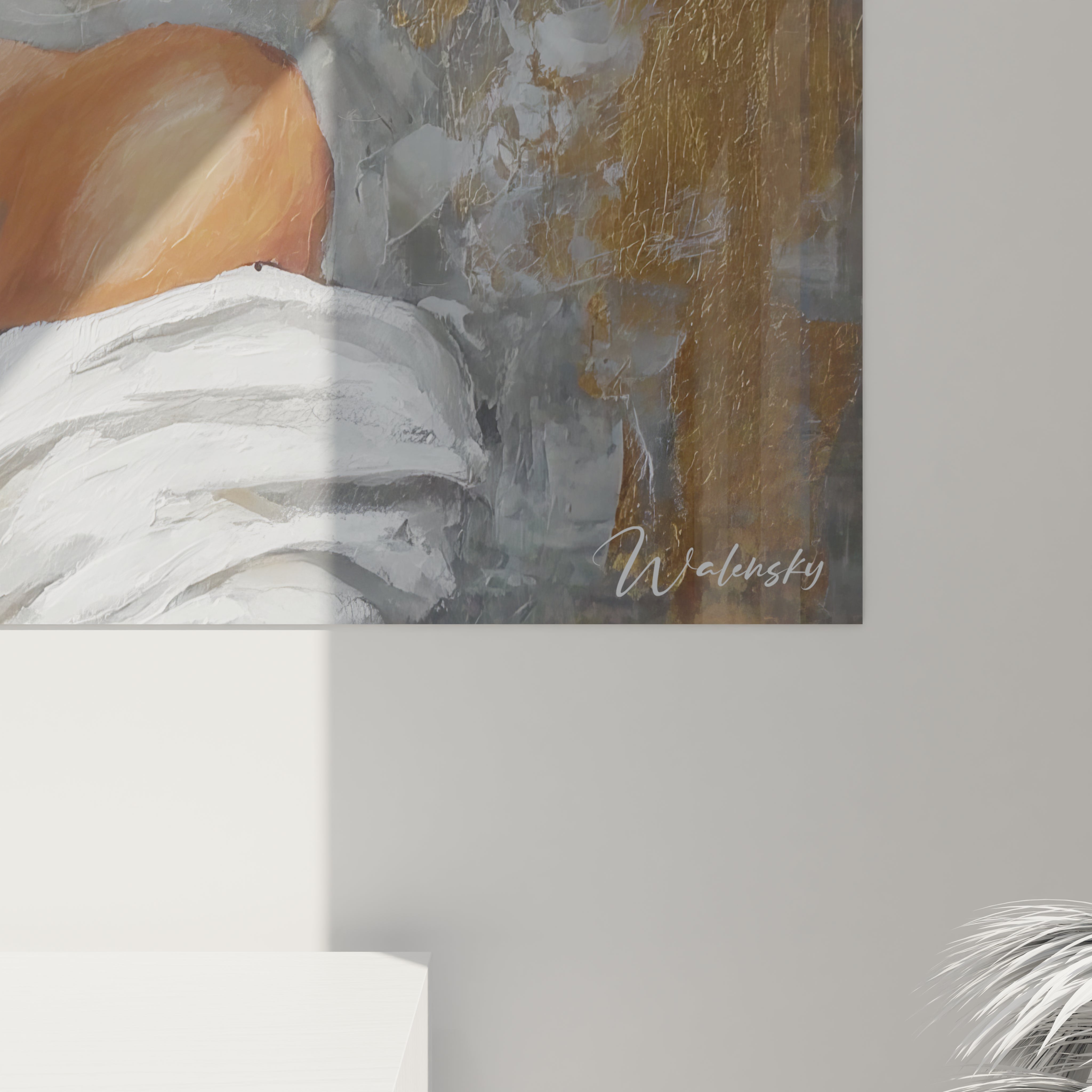 Tableau femme élégante blanc or de Walensky, belle œuvre d'art moderne pour décoration intérieure