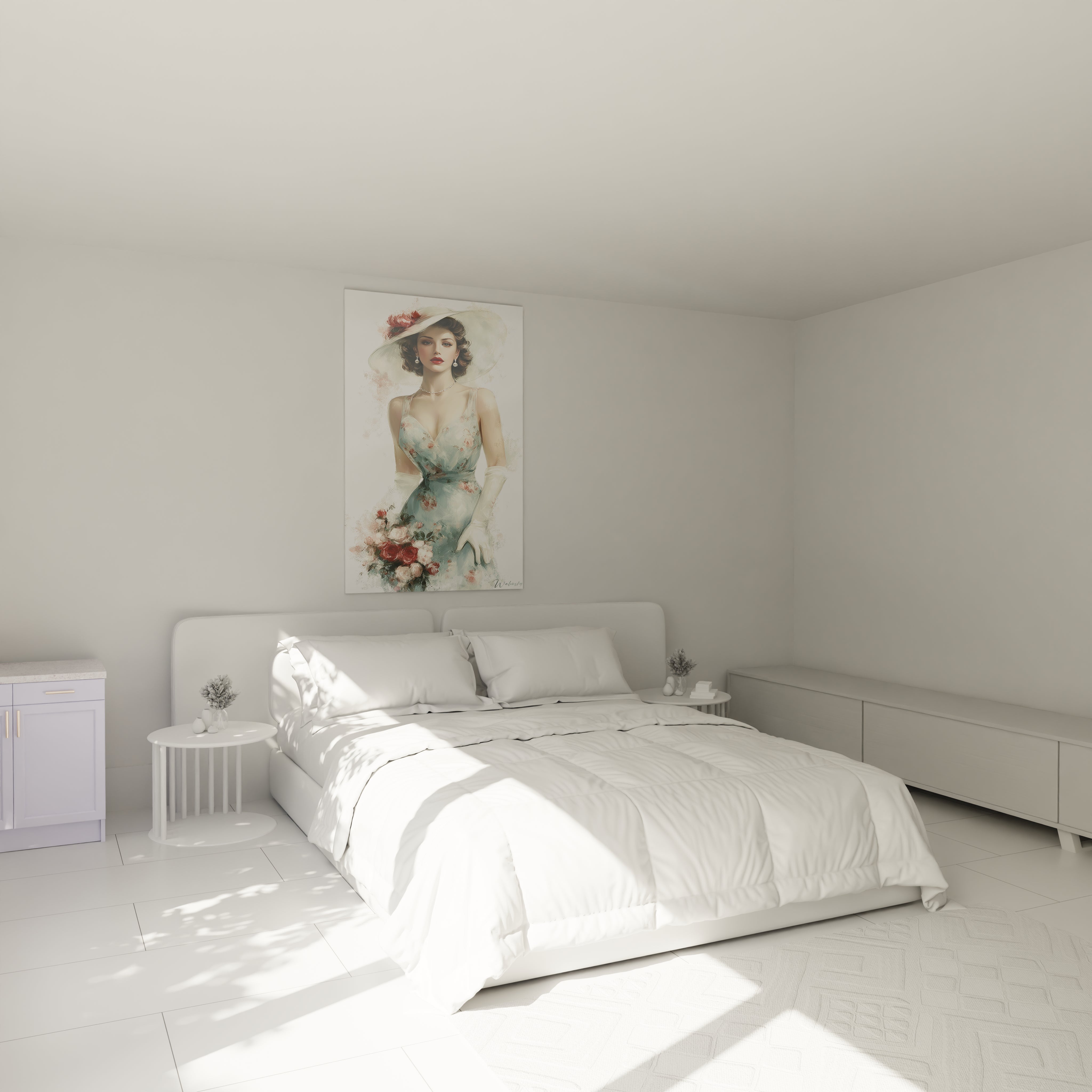 Tableau femme élégante de Walensky accroché dans une chambre moderne avec lit blanc et lumière naturelle