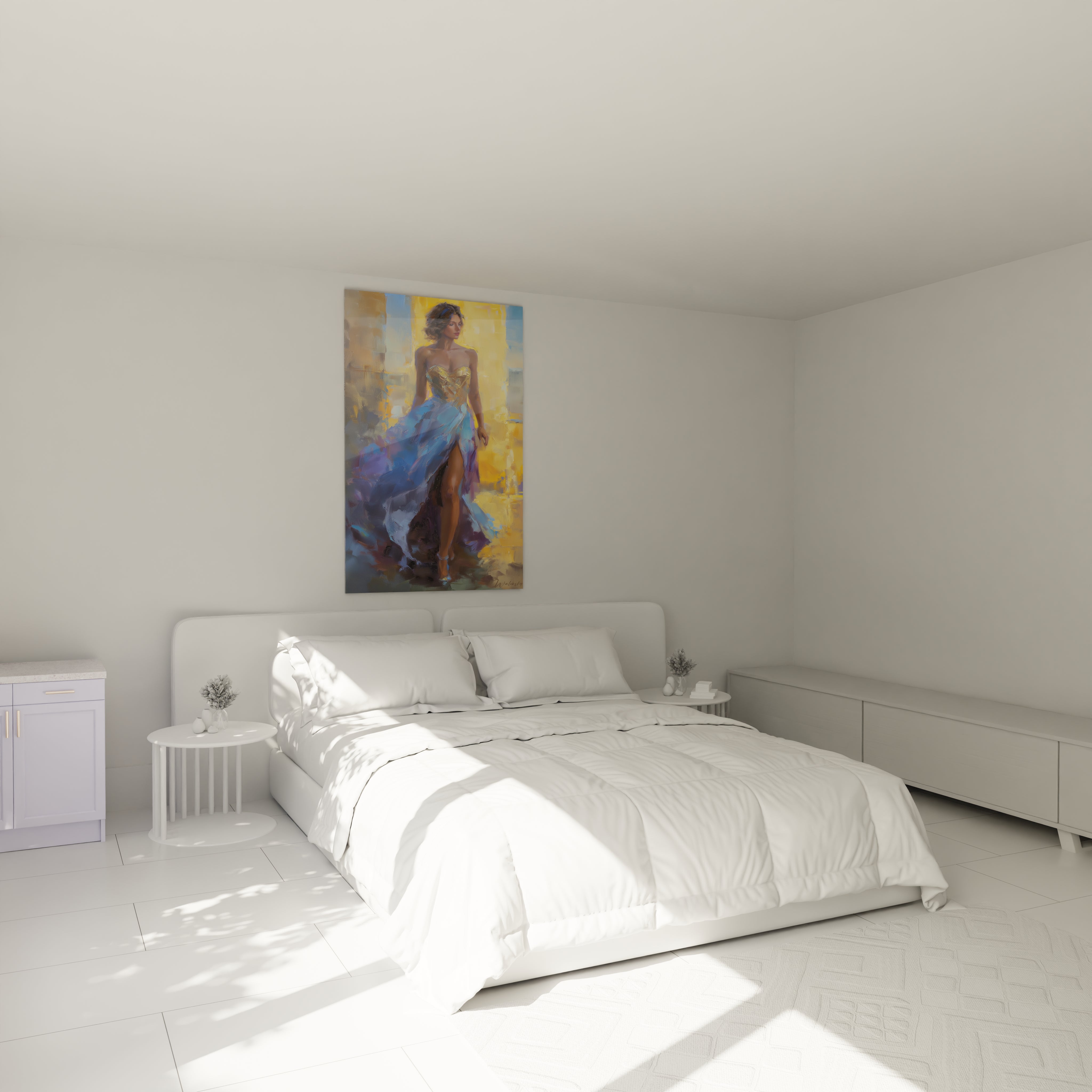 Tableau femme élégante de Walensky dans une chambre lumineuse avec un grand lit blanc
