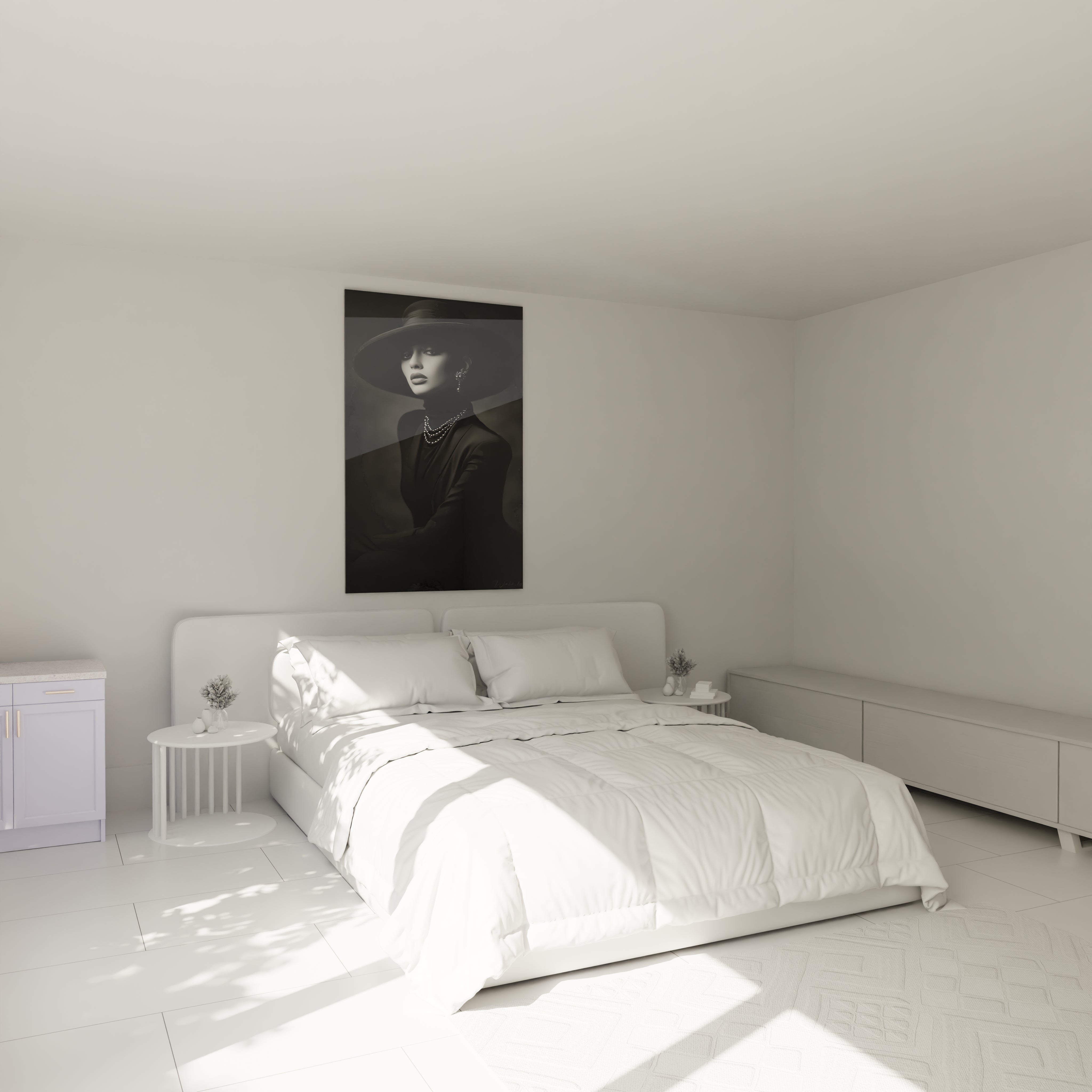 Tableau femme élégante en noir et blanc accroché au mur d'une chambre moderne et lumineuse