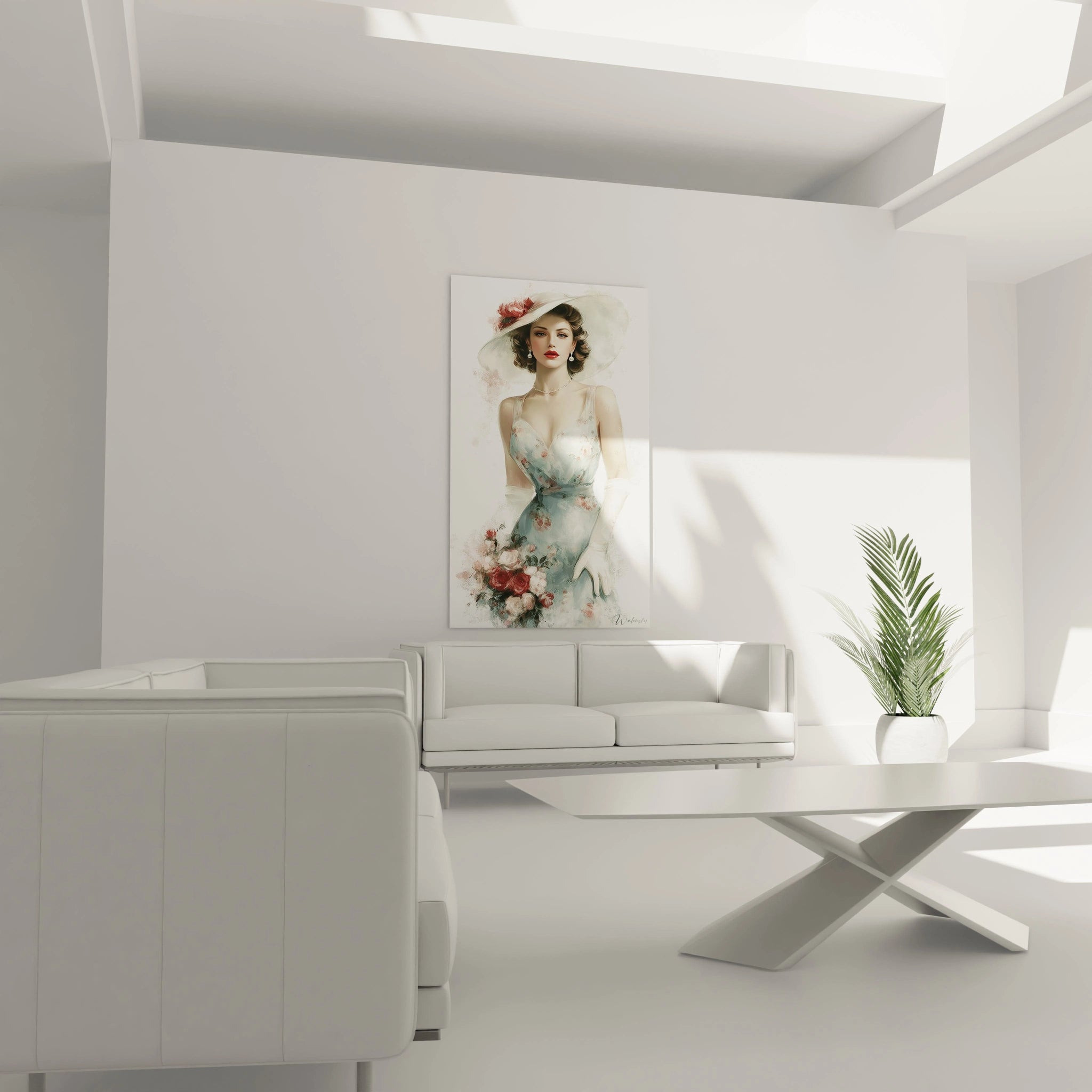 Tableau femme élégante de Walensky, décor mural avec une femme en robe délicate et fleurs