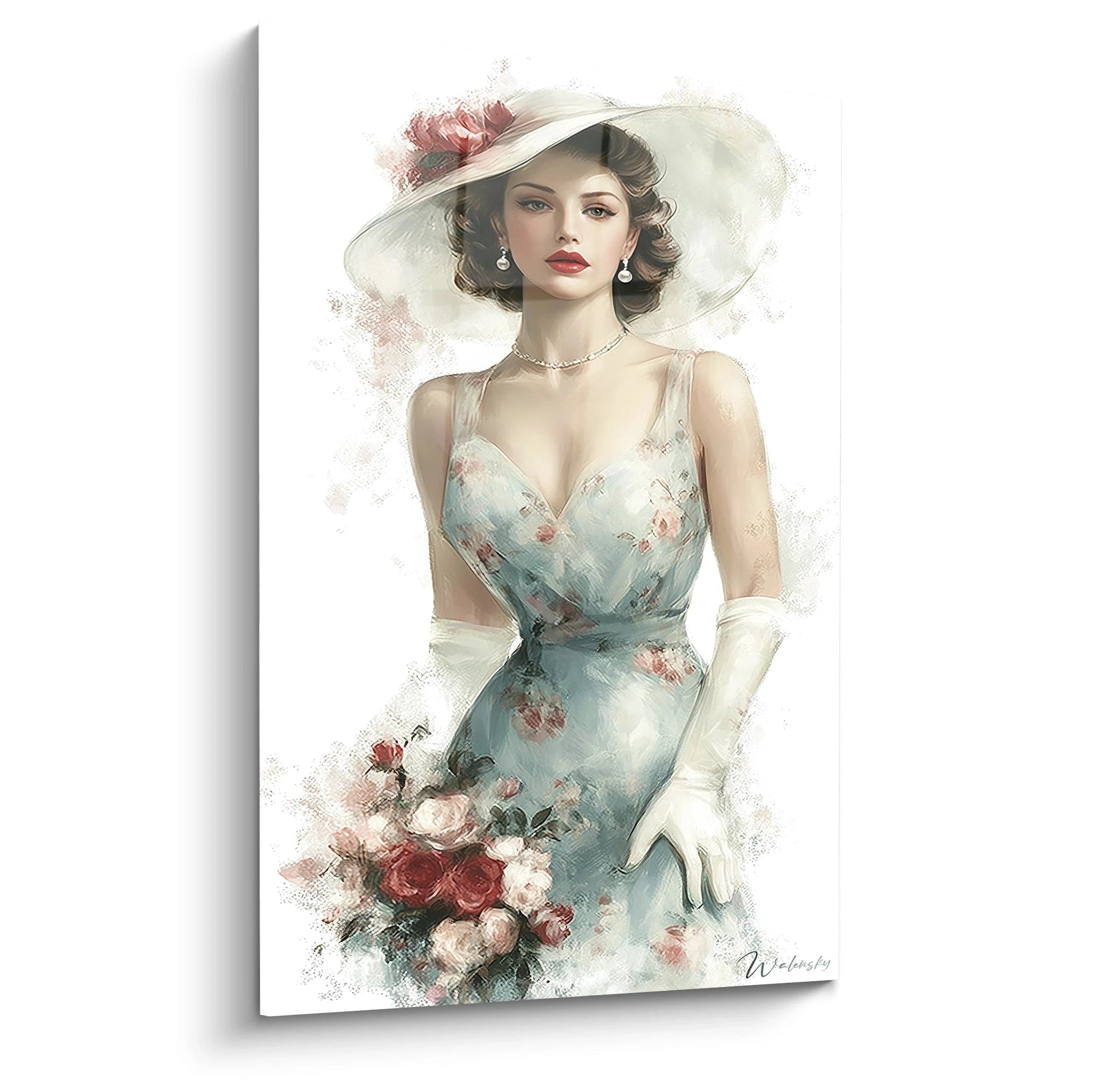 Tableau femme élégante en robe fleurie avec chapeau et gants, style artistique romantique