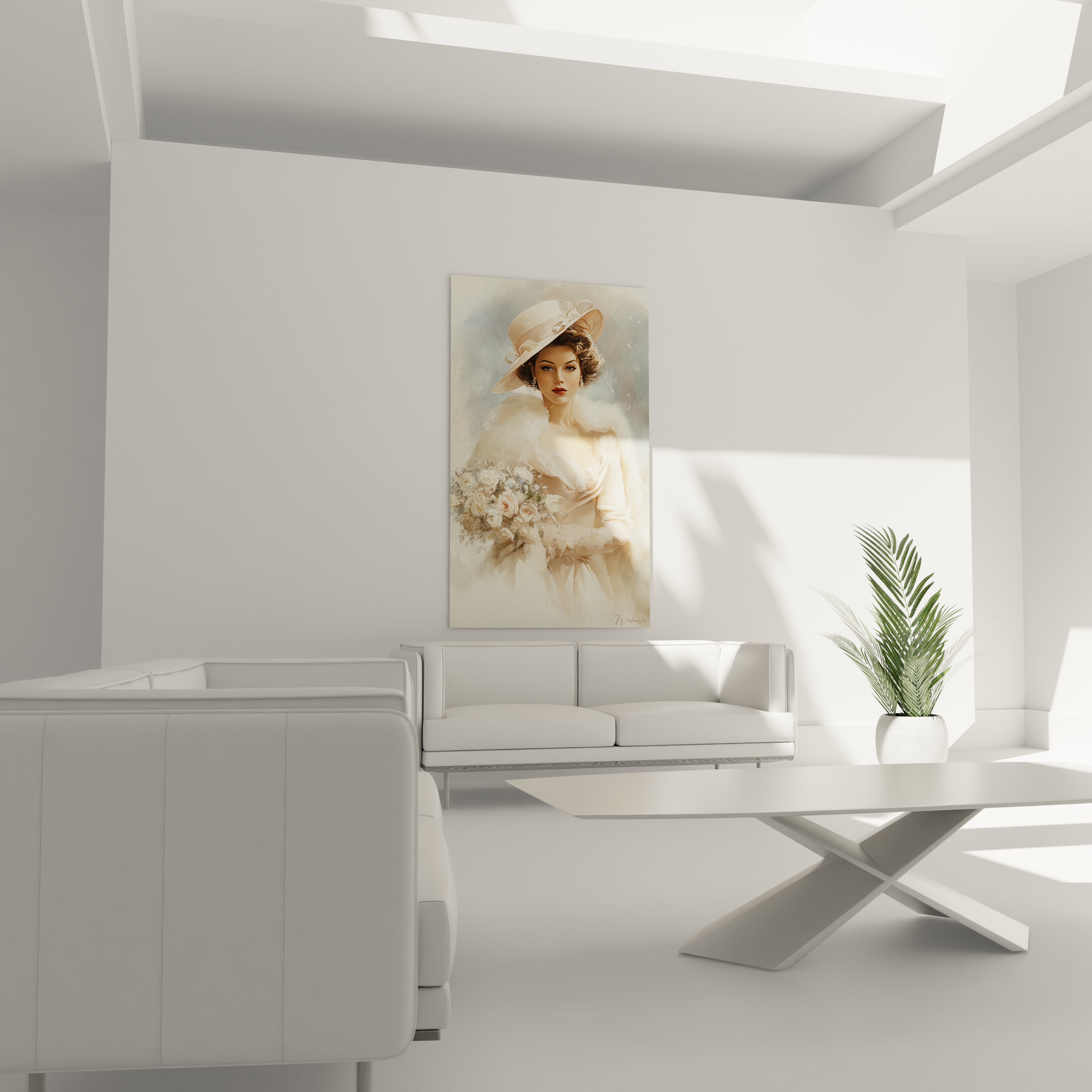 Tableau femme élégante de Walensky représentant une femme avec un chapeau, décorant un intérieur moderne