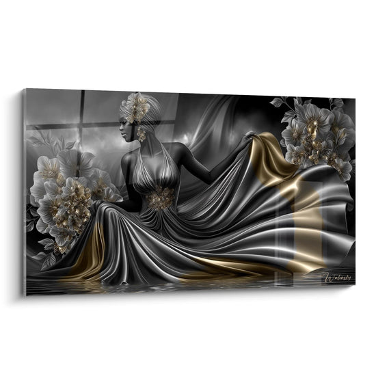 Quadro da parete donna elegante con drappeggi dorati e fiori, arte moderna oro nero per decorazione di lusso