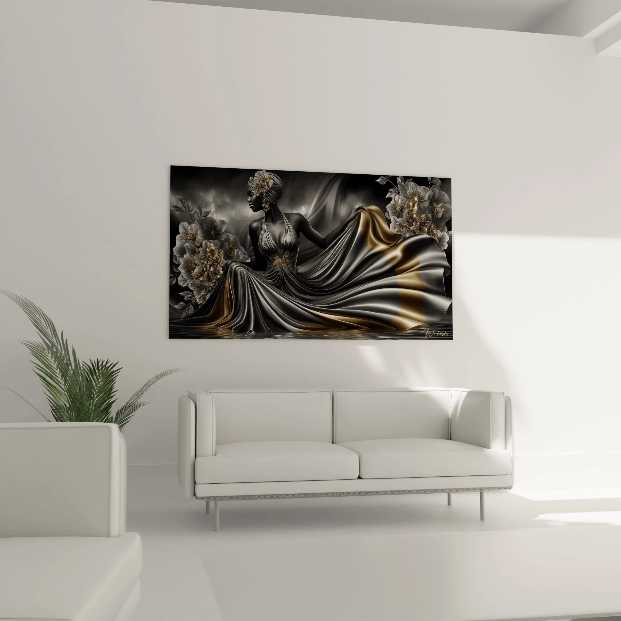 Détail gros plan tableau femme aux fleurs dorées, texture drapés soyeux art contemporain l'or noir