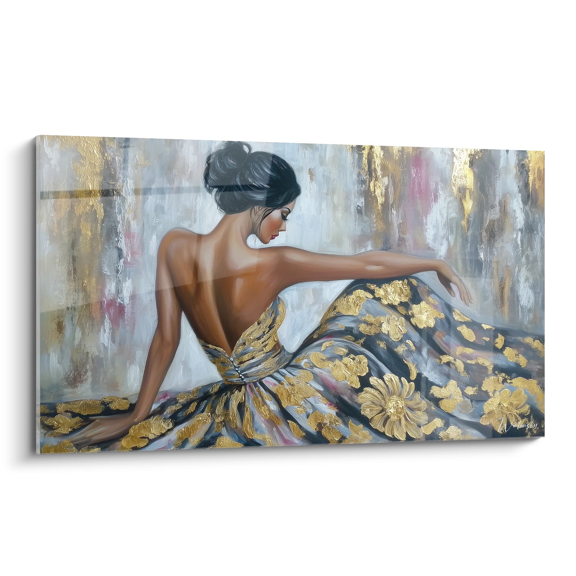 Tableau femme élégante moderne en robe dorée avec un fond artistique coloré pour décoration intérieure
