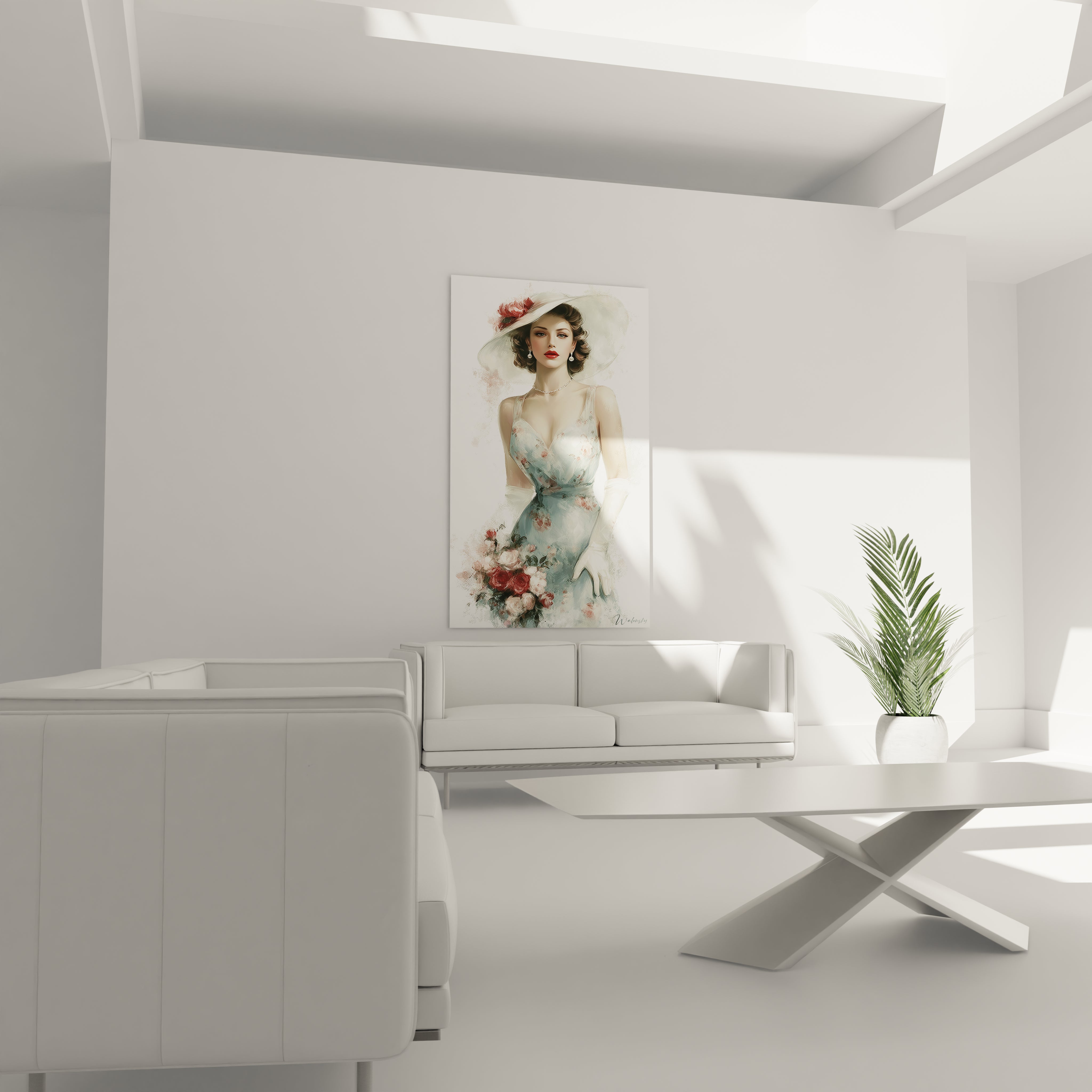 Tableau femme élégante de Walensky, décor mural avec une femme en robe délicate et fleurs