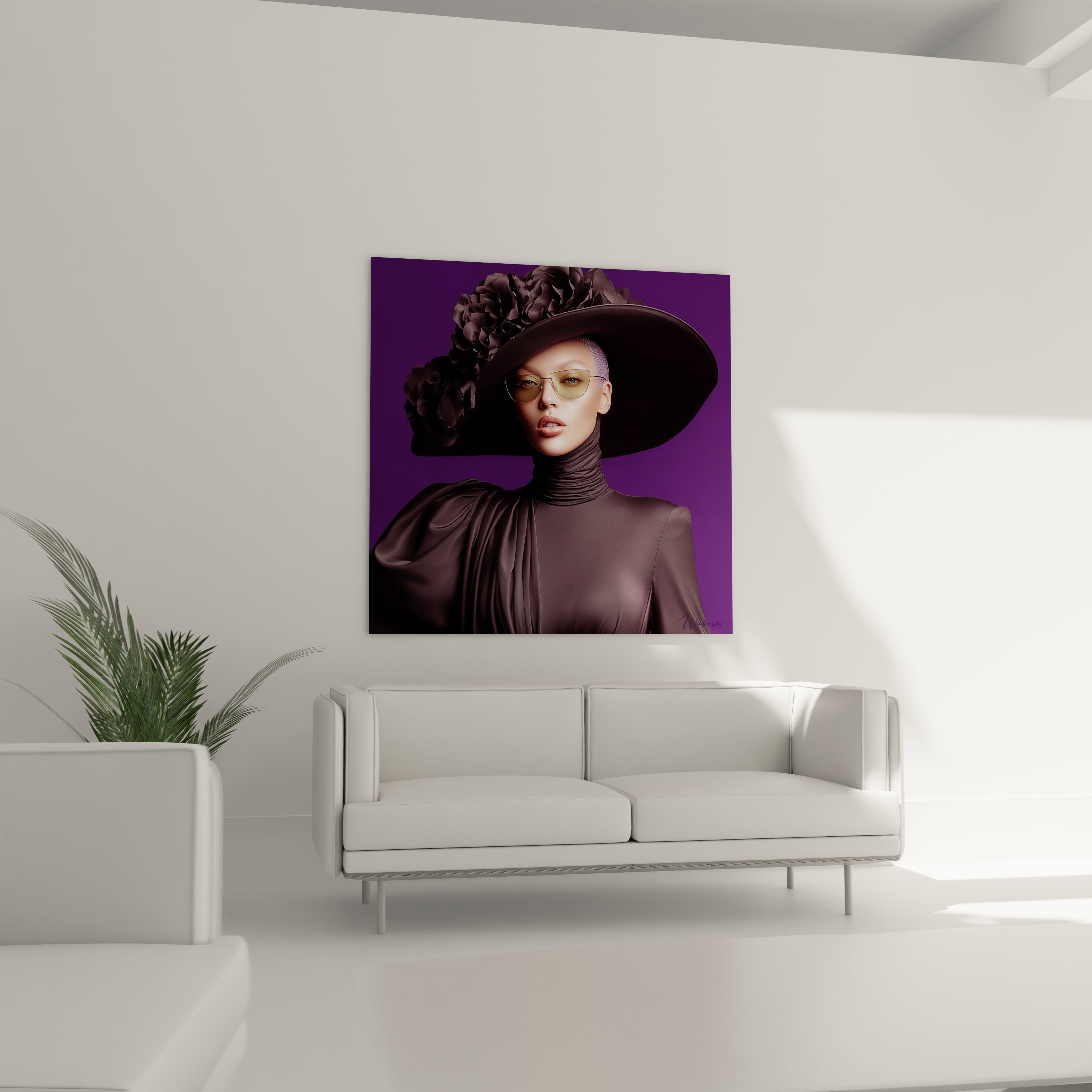 Tableau mural femme élégante avec un chapeau chic et des lunettes de soleil sur fond violet