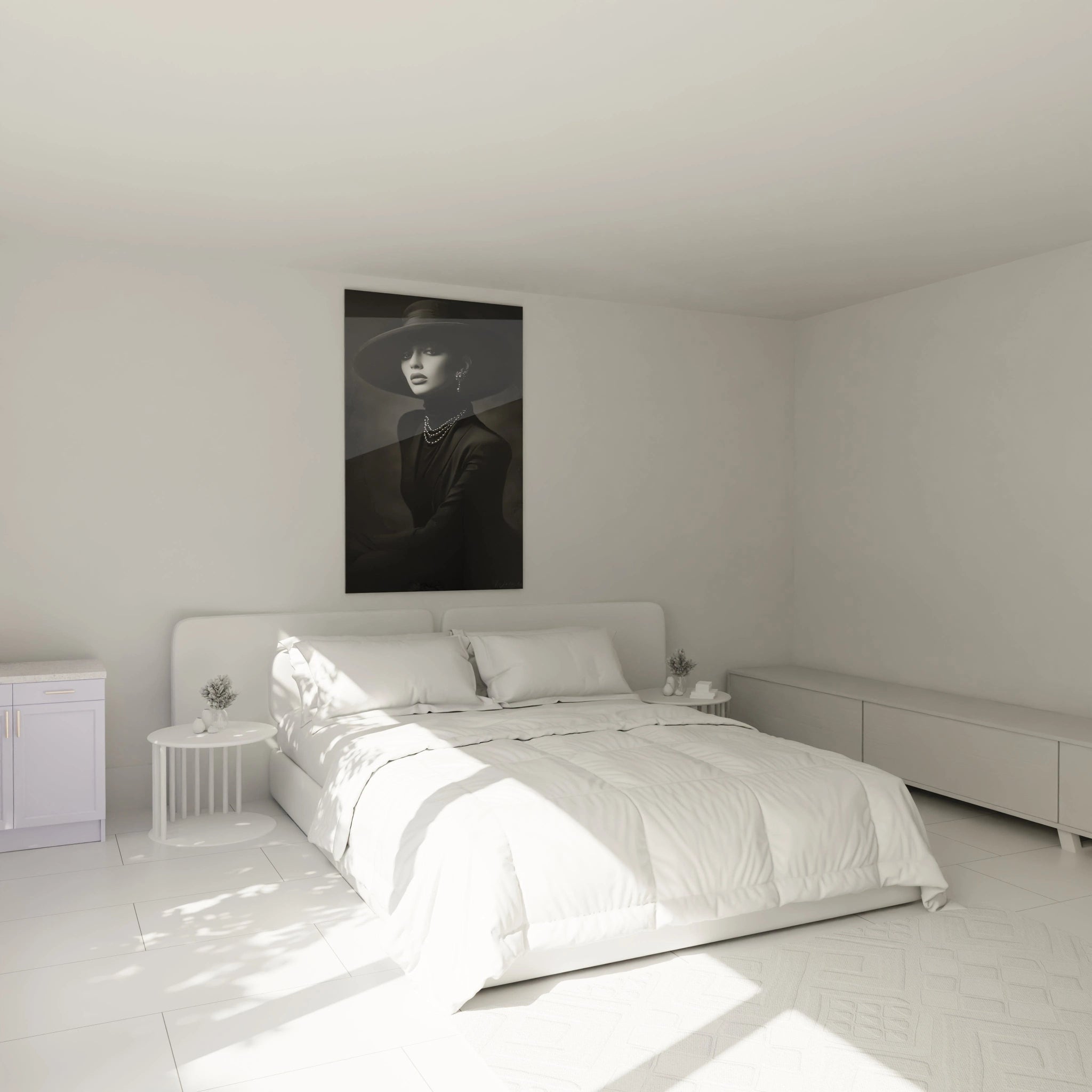 Tableau femme élégante en noir et blanc accroché au mur d'une chambre moderne et lumineuse