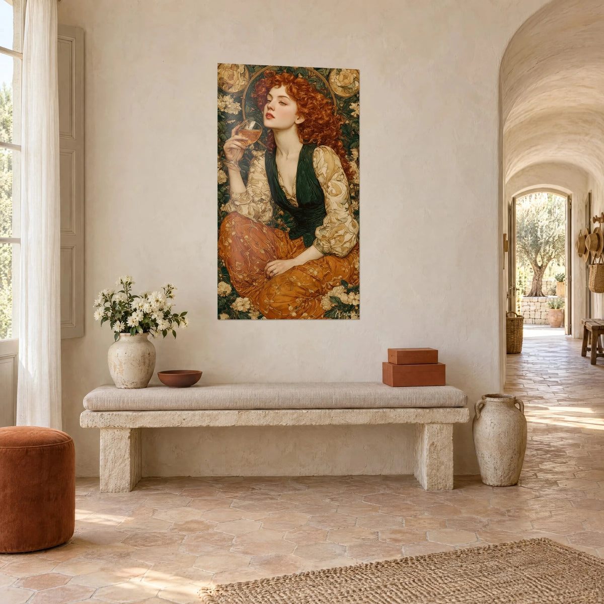 Wall art cascade of copper curls against a cream and green floral background, ivory embroidered bodice, three-quarter view in a Provençal farmhouse