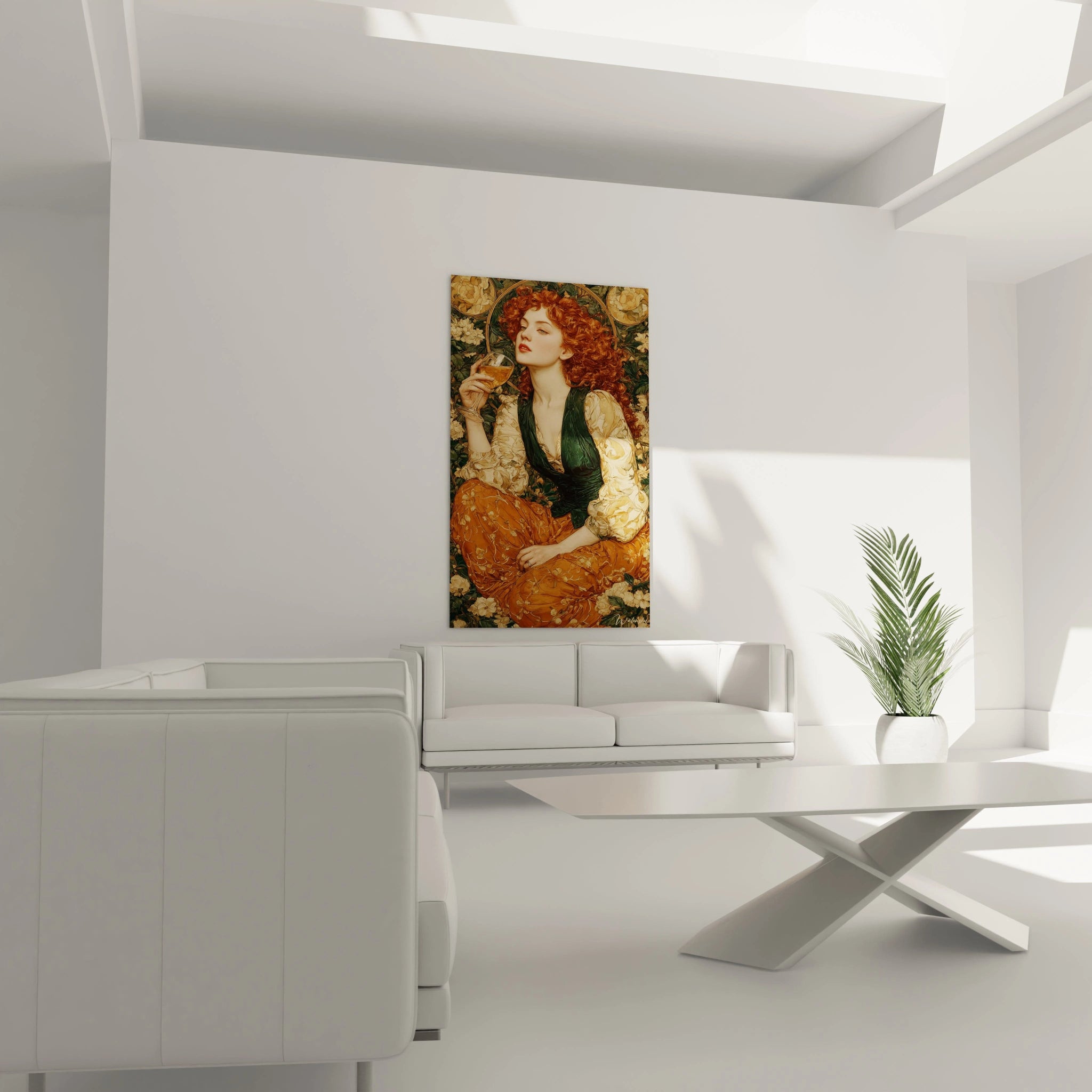 tableau art nouveau femme Walensky accroché dans un salon blanc moderne avec canapé et plante