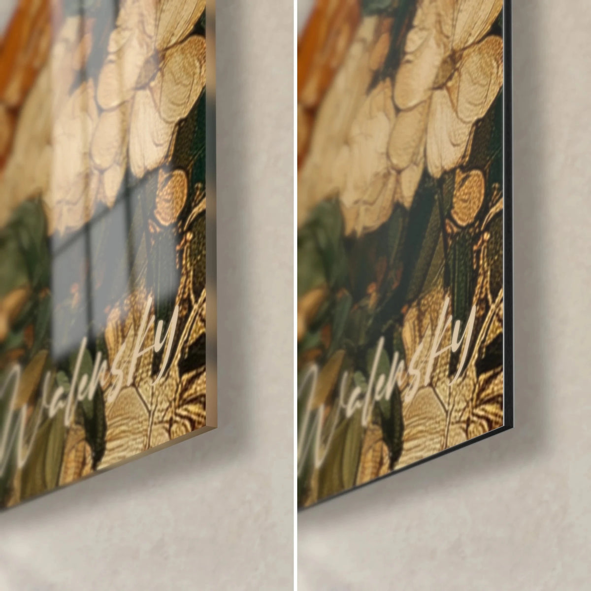 Wall art redhead with glass, bottom right corner: glossy glass with reflections, matte Dibond aluminium, 3 mm edge, gold and green patterns