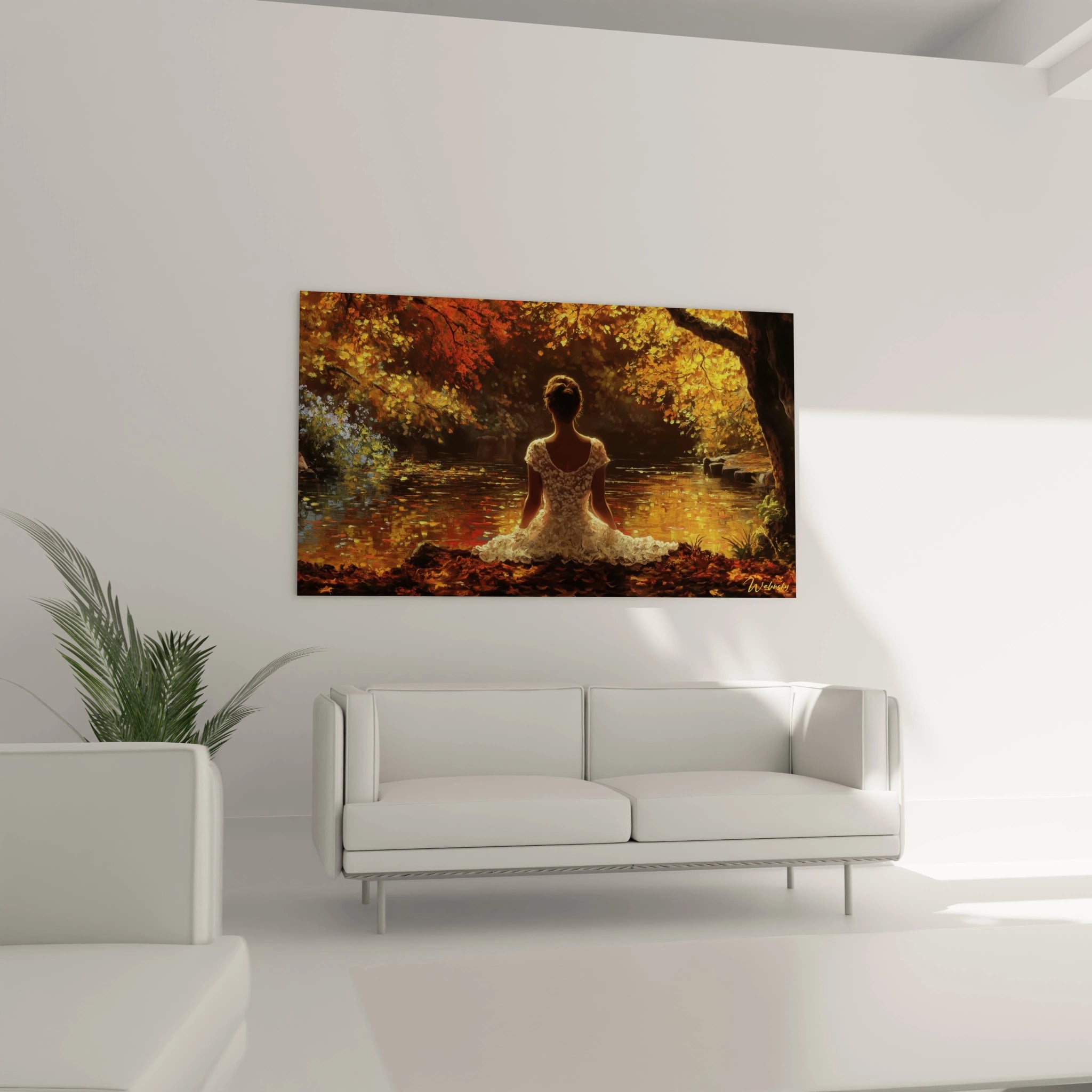 tableau femme robe blanche Walensky peinture murale femme assise pres d un lac aux tons automnaux style romantique