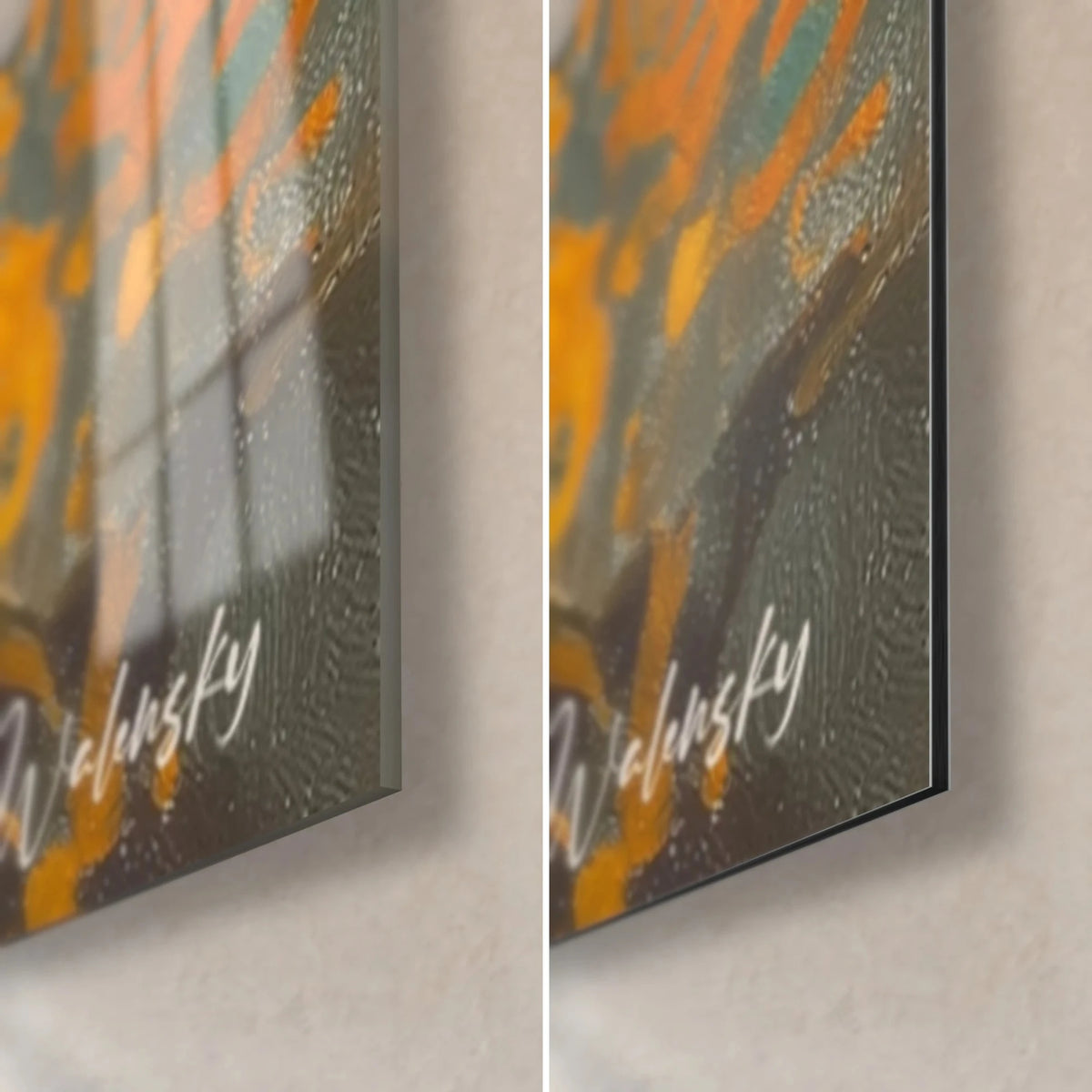 Gemälde symbolistische Muse mit orangefarbenen Motiven, untere rechte Ecke: glänzendes Acrylglas links, mattschwarzes Dibond rechts, 3 mm Kante
