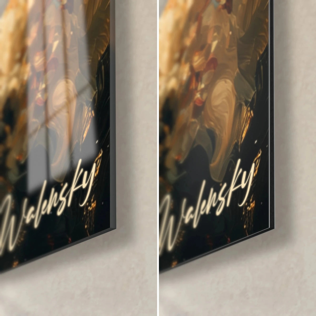 Gemälde Frau zwischen Blumen, untere rechte Ecke: glänzendes Acrylglas links, mattes Dibond-Aluminium rechts, goldene Signatur