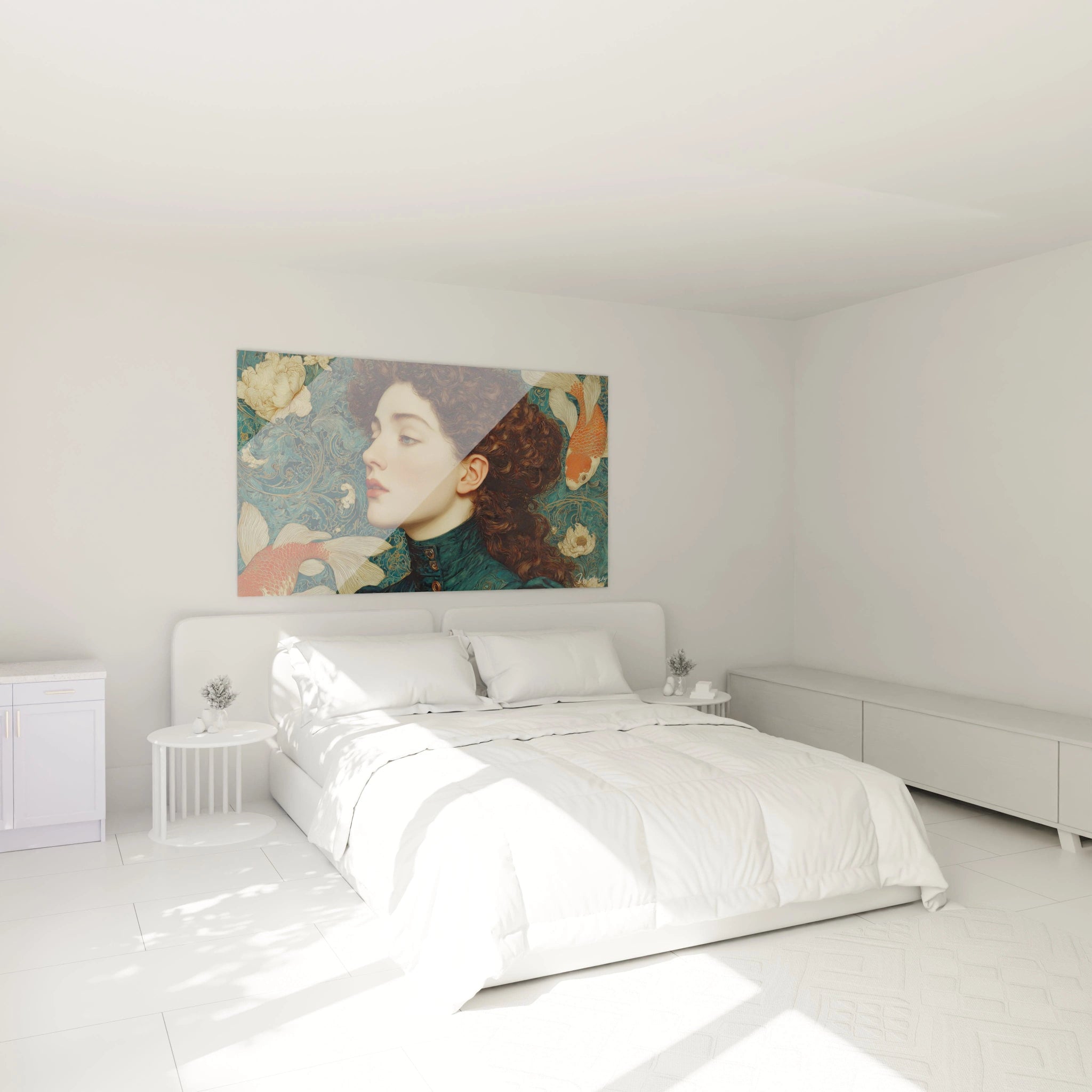 Tableau mural Walensky tableau art nouveau femme portrait élégant accroché au dessus d un lit blanc minimaliste