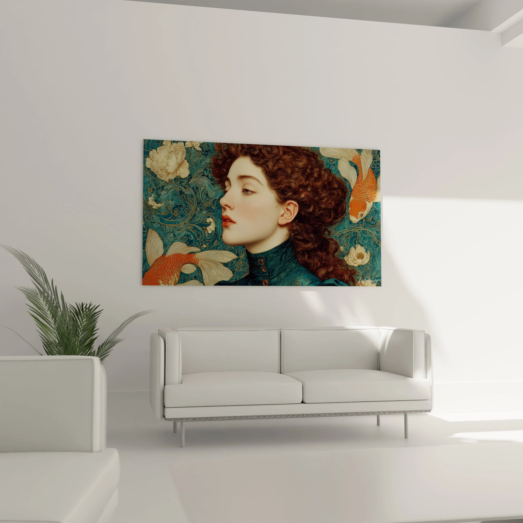 tableau art nouveau femme Walensky portrait de profil cheveux bouclés poisson koi et motifs floraux turquoise