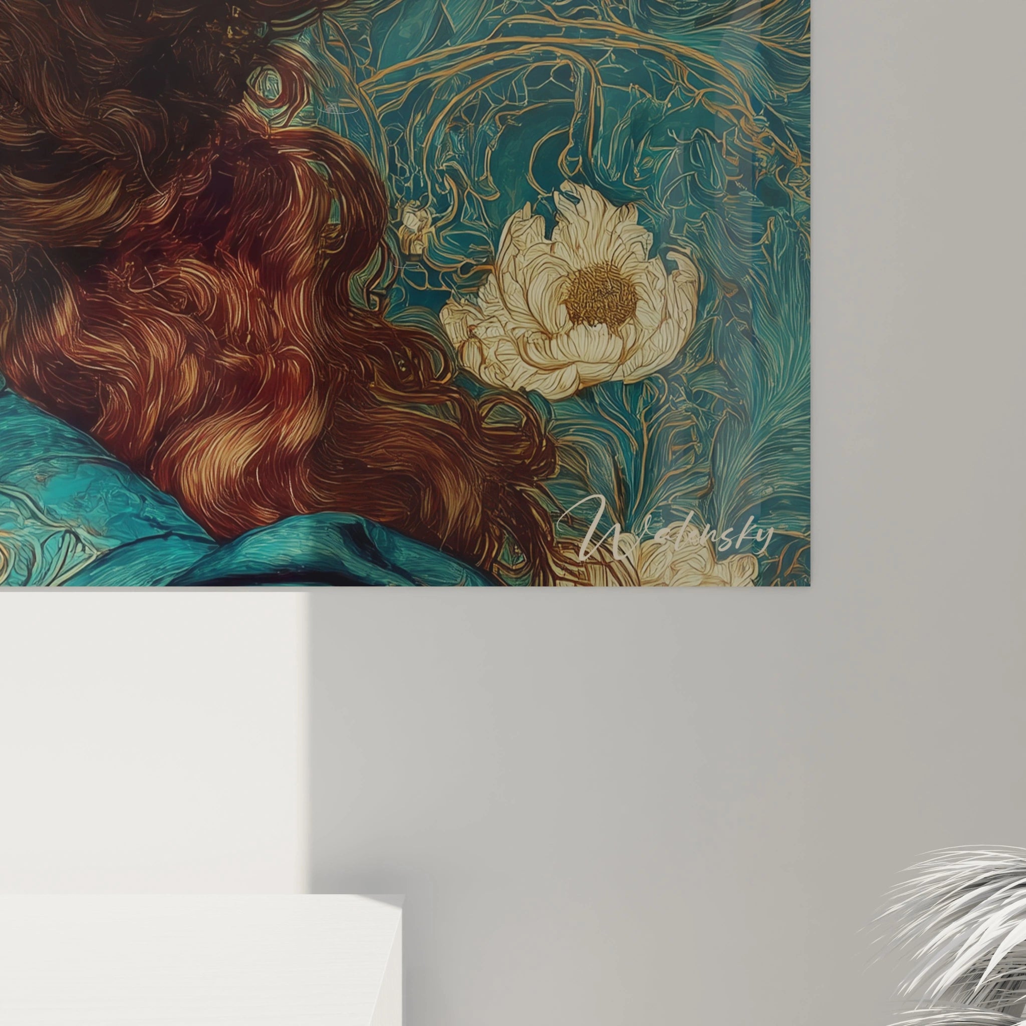 Tableau art nouveau femme Walensky montre coiffure rouge, fleurs blanches et fond turquoise decoratif mural