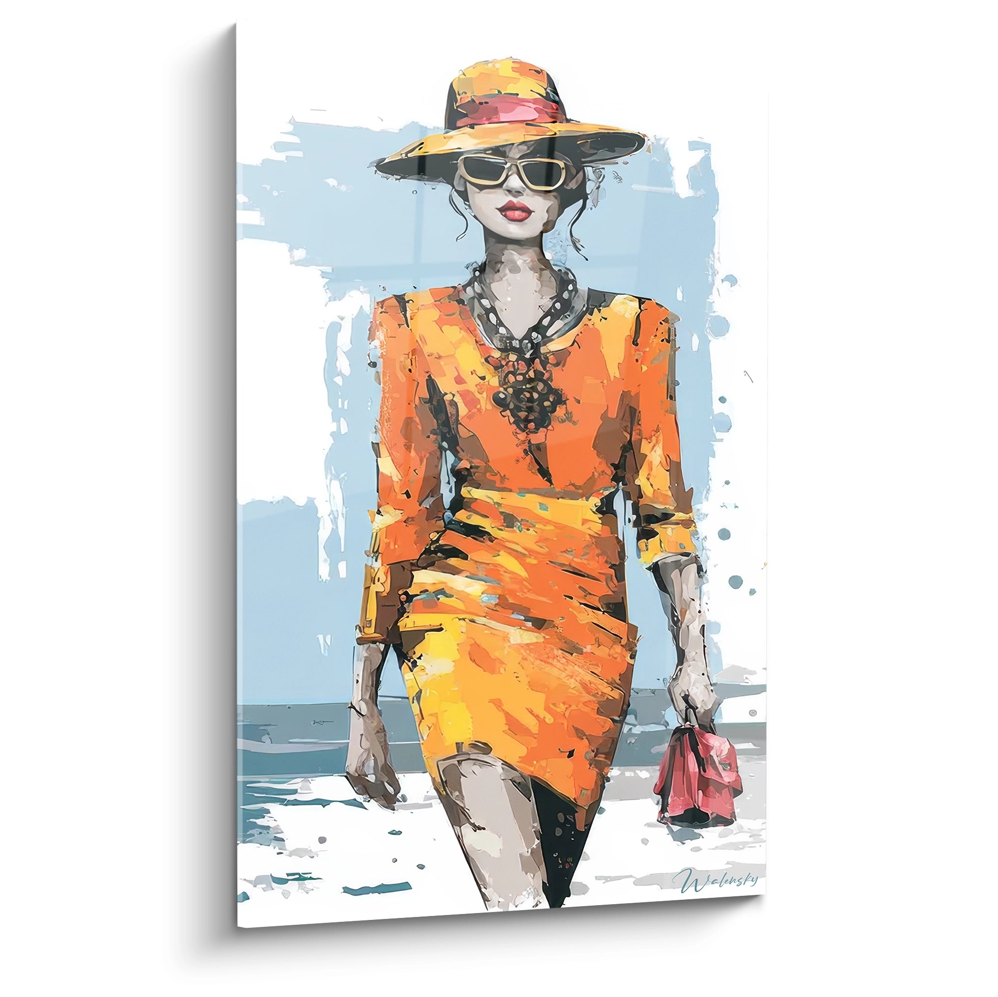 Tableau femme fashion représentant une femme stylée en robe orange avec un chapeau et des lunettes de soleil
