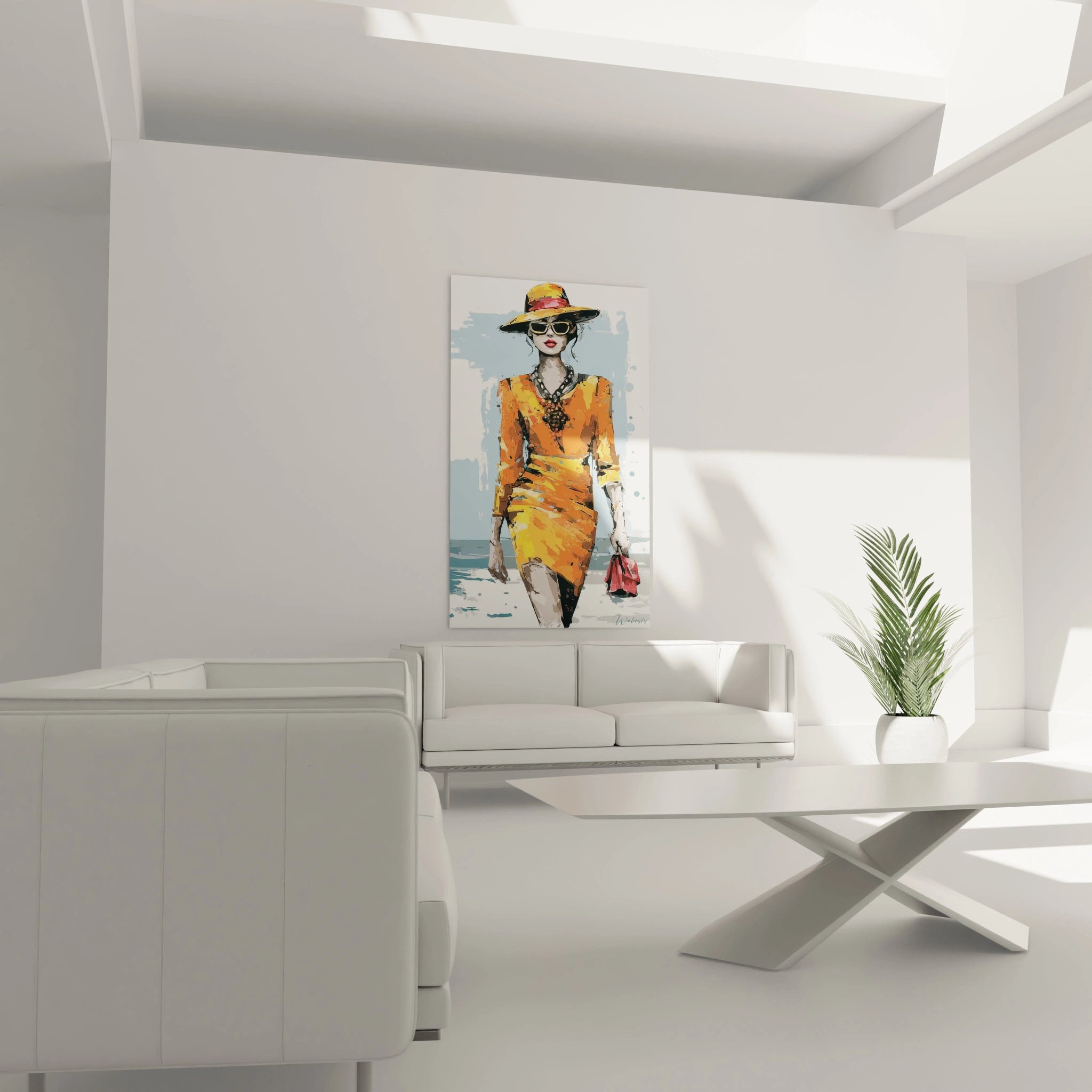Tableau femme fashion de Walensky représentant une femme en robe jaune dans un intérieur moderne