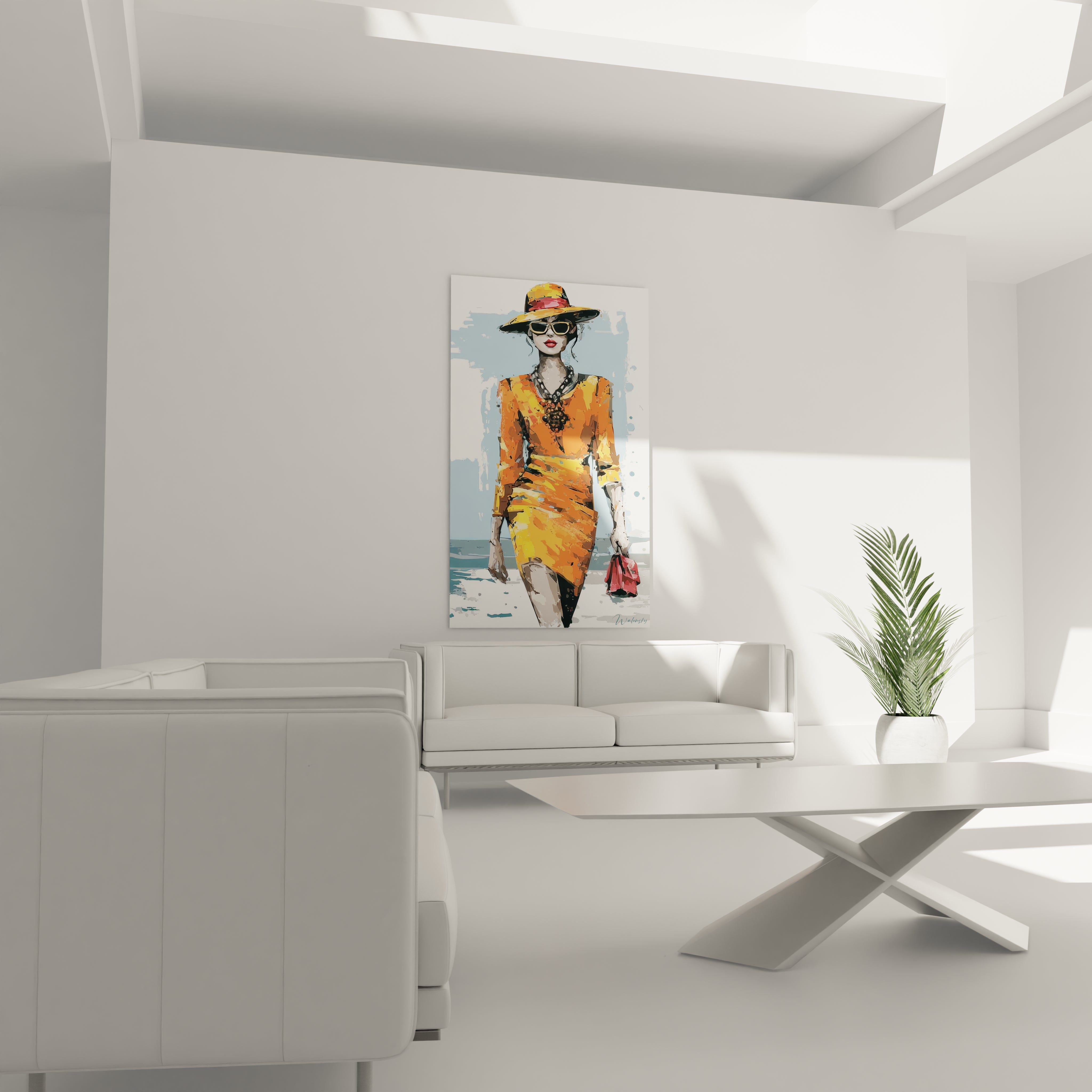 Tableau femme fashion de Walensky représentant une femme en robe jaune dans un intérieur moderne