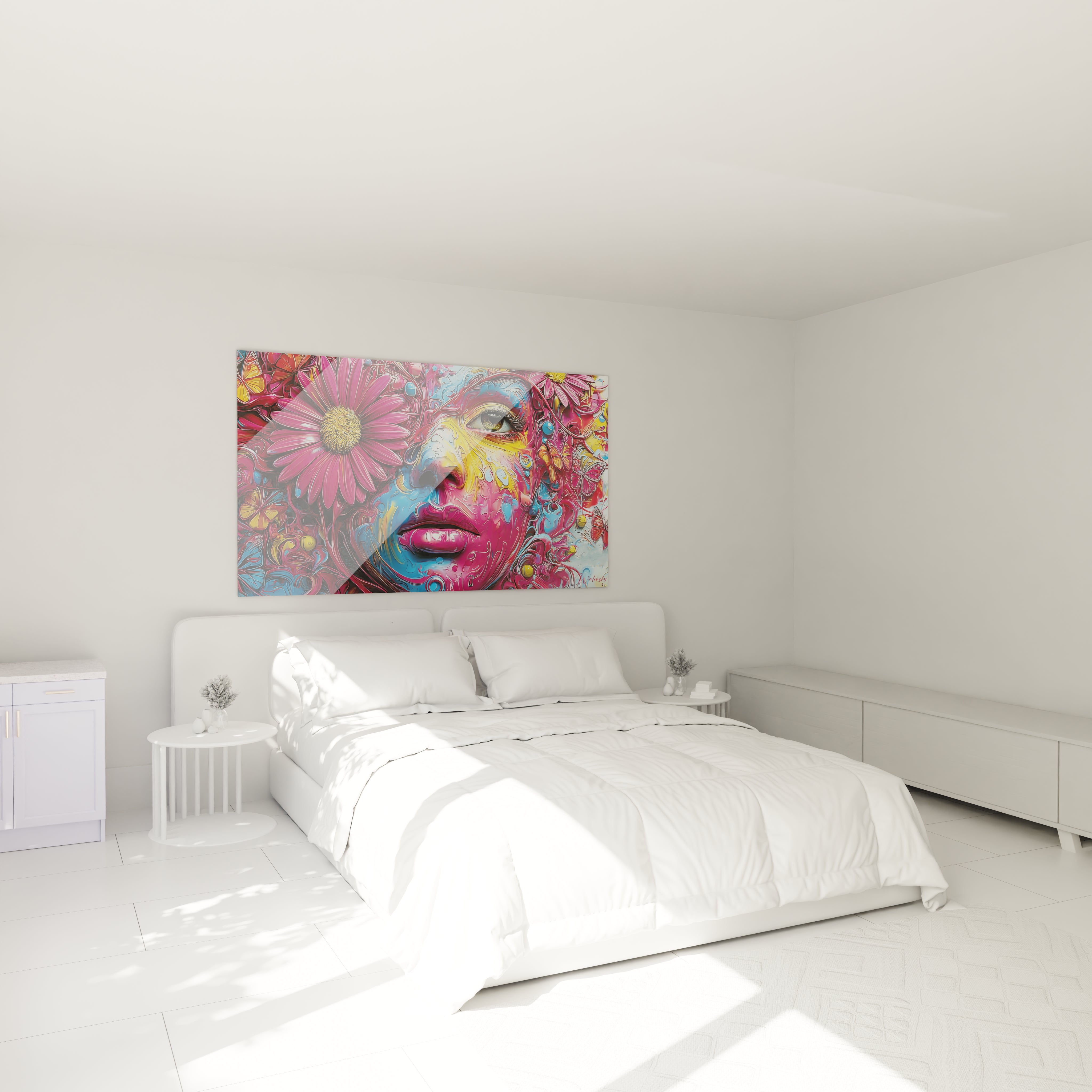 Tableau décoratif femme floral psychédélique dans chambre moderne ambiance colorée art mural contemporain