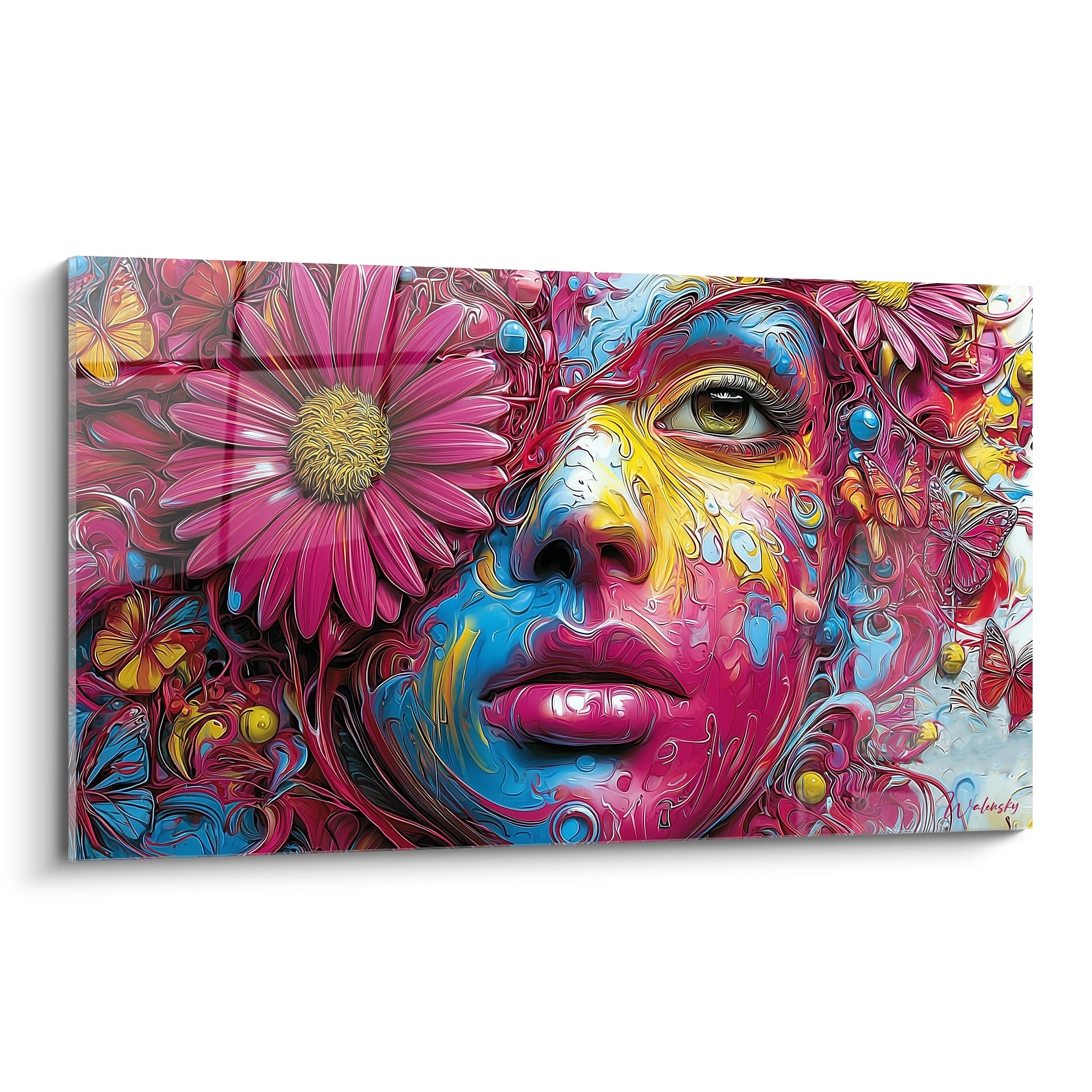 Tableau mural femme floral psychédélique couleurs vives roses bleus papillons art moderne contemporain